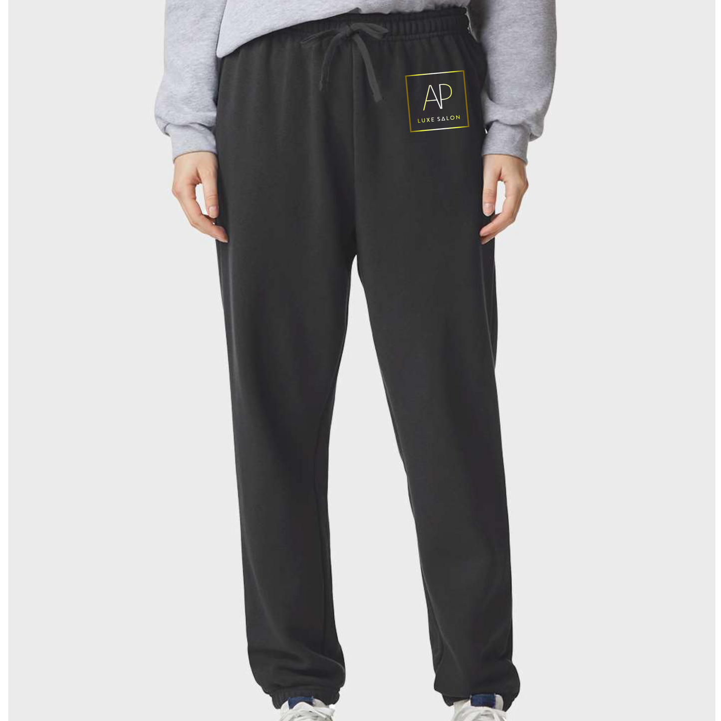 ๐ค AP LUXE SALON Signature Joggers โ Metallic Gold Square Logo