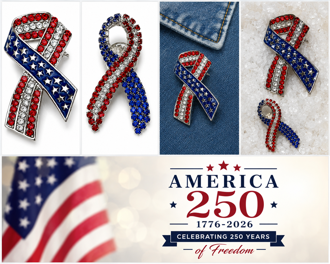 America 250 Patriotic Ribbon Brooch Pin | Red White Blue Rhinestone Awareness Pin | Fourth of July Jewelry | USA Pride Accessory