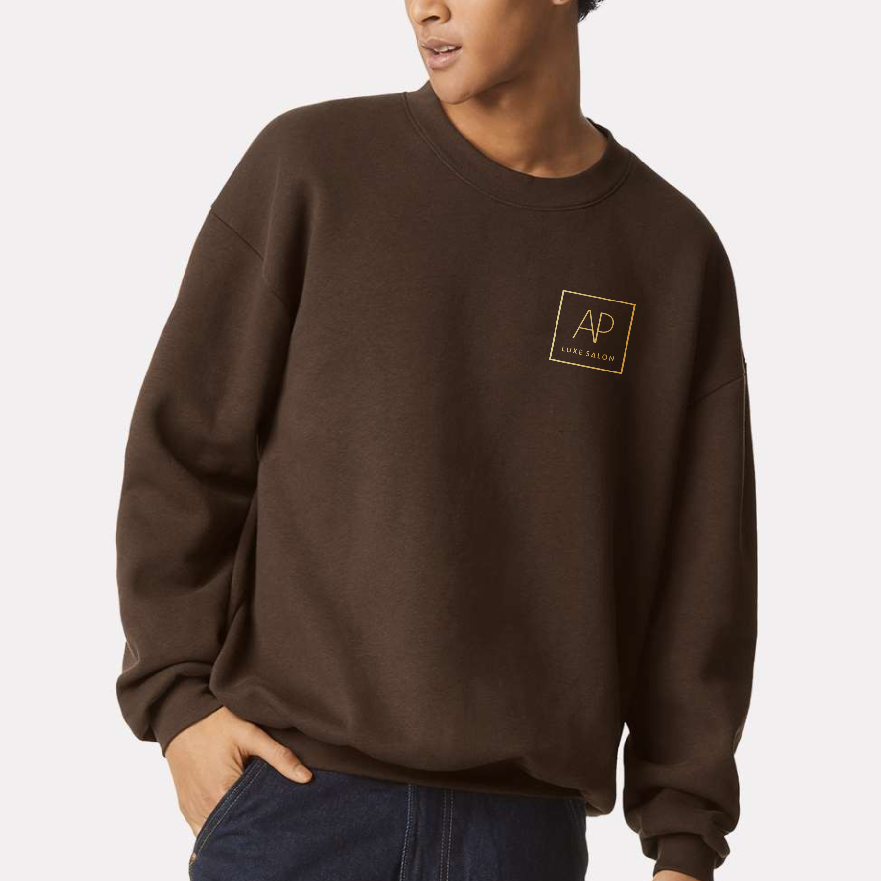 AP LUXE SALON Crewneck Sweatshirt – Metallic Gold Square Logo