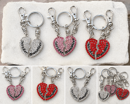 Mother Daughter Heart Keychain Set – Rhinestone Matching Gift for Mom – Mother’s Day Purse Charm - Ruff Life Rescue Wear