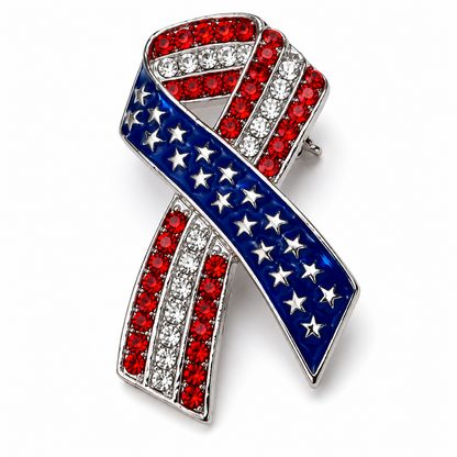America 250 Patriotic Ribbon Brooch Pin | Red White Blue Rhinestone Awareness Pin | Fourth of July Jewelry | USA Pride Accessory