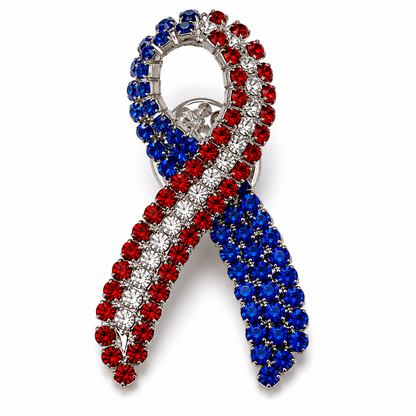 America 250 Patriotic Ribbon Brooch Pin | Red White Blue Rhinestone Awareness Pin | Fourth of July Jewelry | USA Pride Accessory