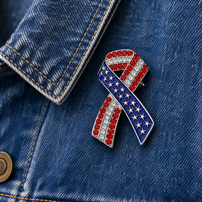 America 250 Patriotic Ribbon Brooch Pin | Red White Blue Rhinestone Awareness Pin | Fourth of July Jewelry | USA Pride Accessory
