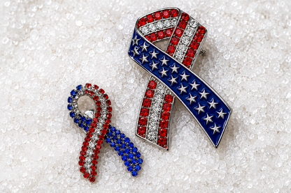 America 250 Patriotic Ribbon Brooch Pin | Red White Blue Rhinestone Awareness Pin | Fourth of July Jewelry | USA Pride Accessory