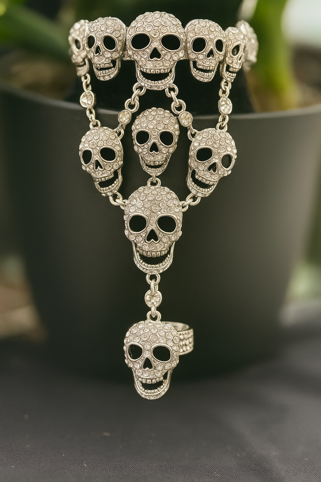 Rhinestone Skull Hand Jewelry – Statement Bracelet & Ring Combo