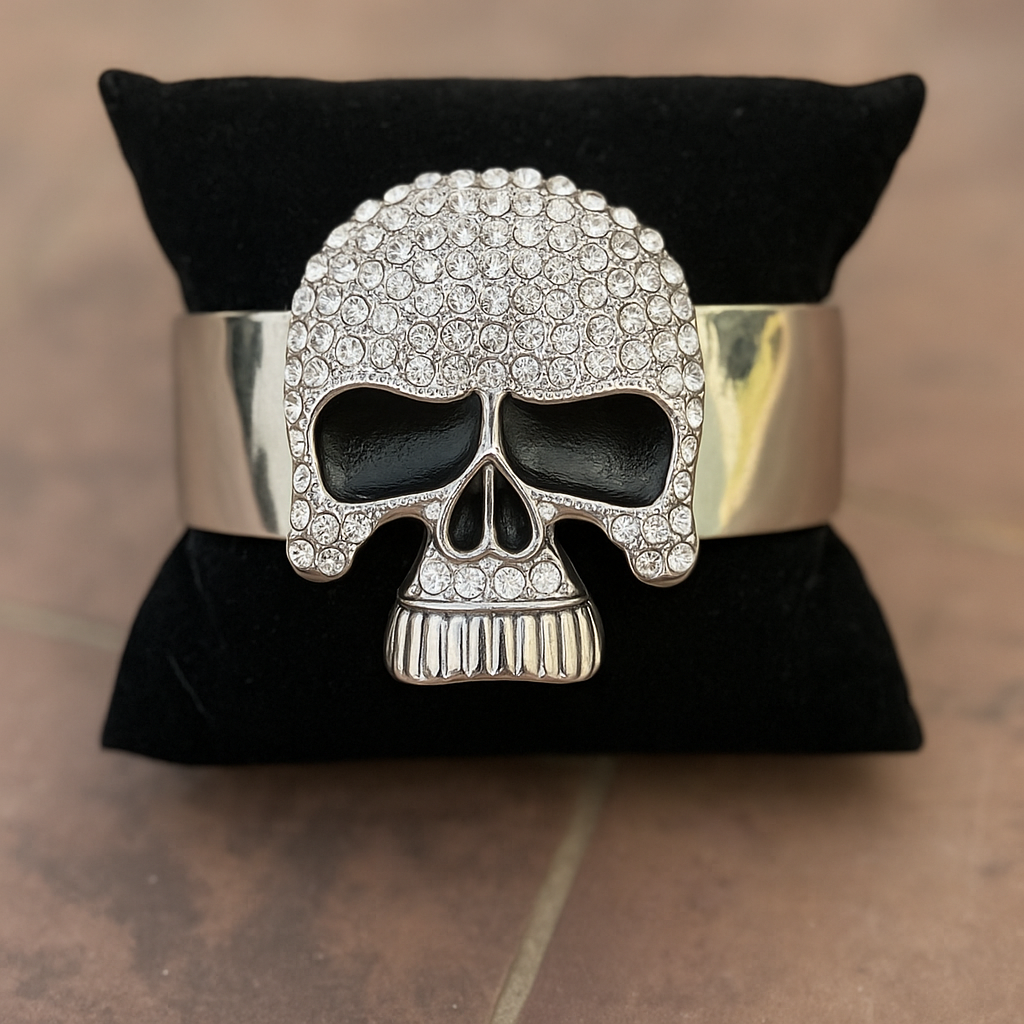 Rhinestone Skull Cuff Bracelet – Silver Gothic Statement Jewelry