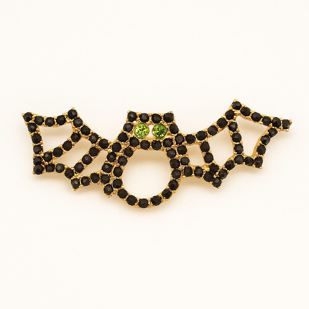 Bat Pin with Green Crystal Eyes – Halloween Brooch