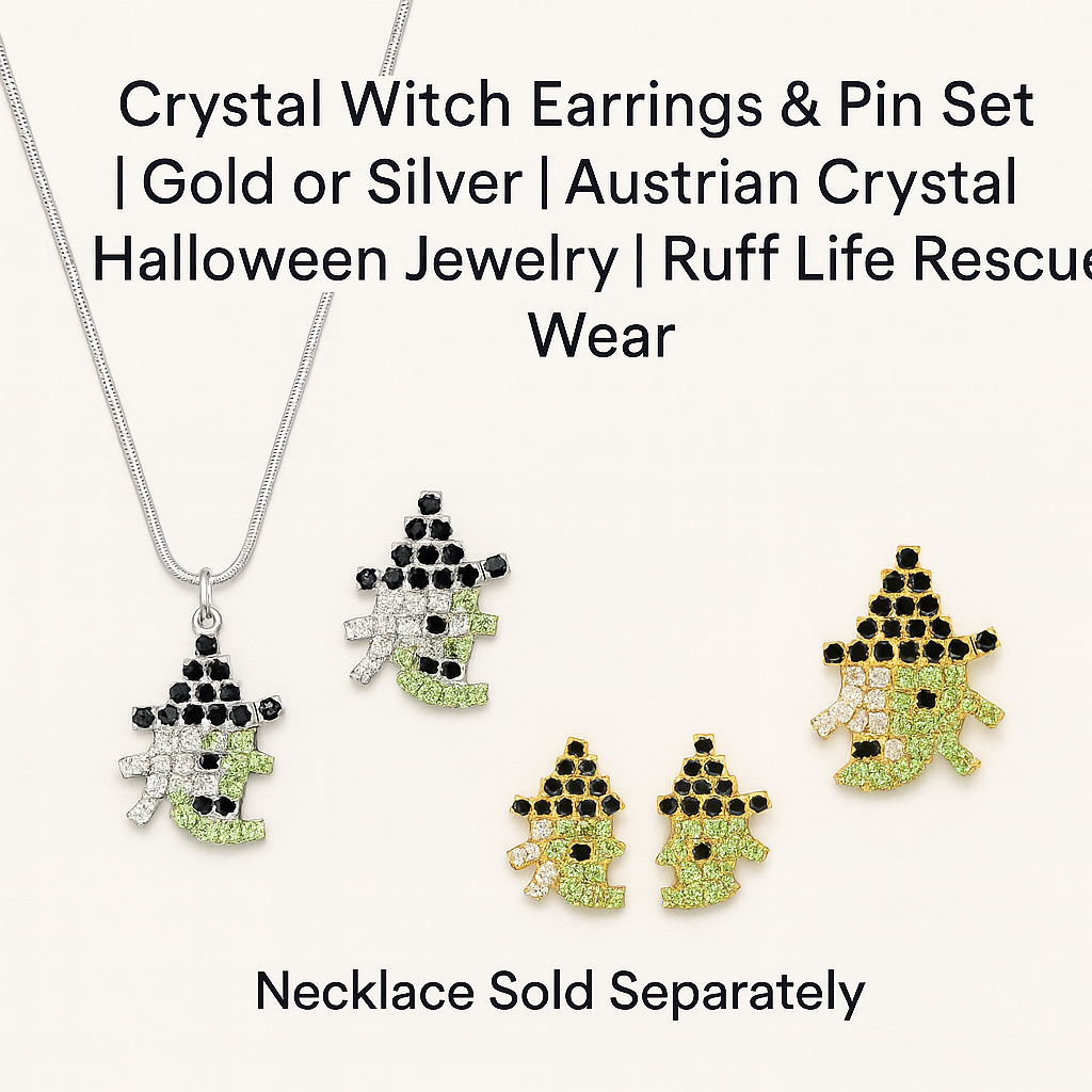 Crystal Witch Earrings & Pin Set | Gold or Silver | Austrian Crystal Halloween Jewelry