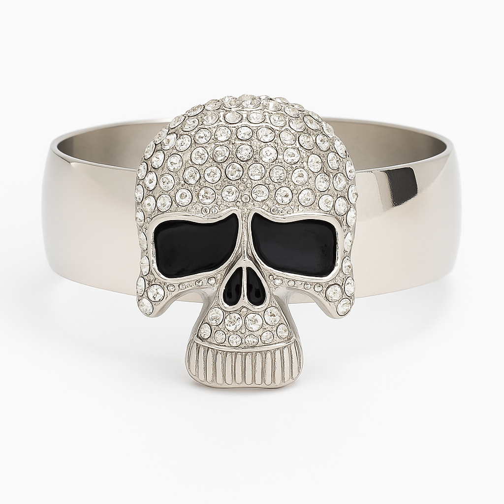 Rhinestone Skull Cuff Bracelet – Silver Gothic Statement Jewelry