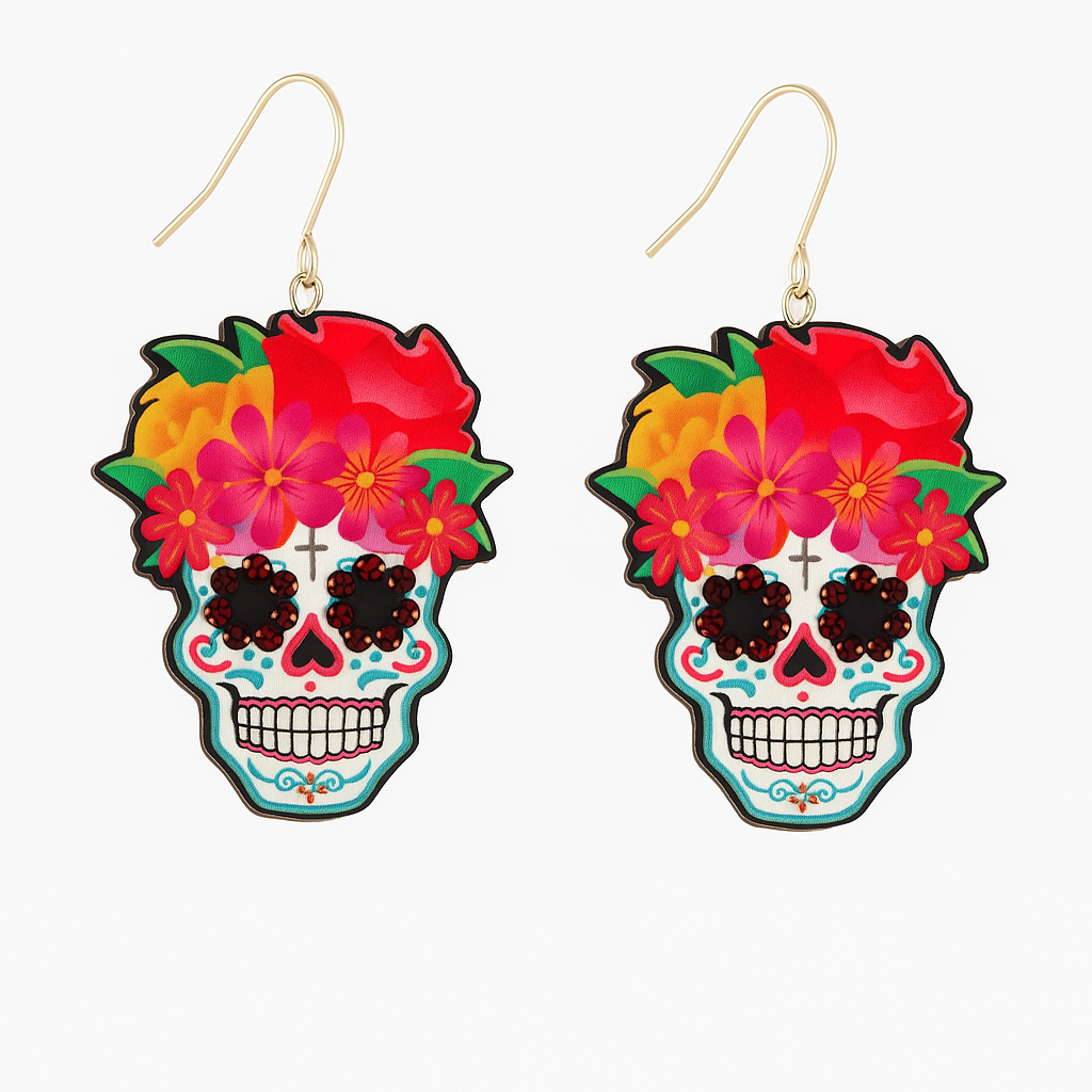 Floral Sugar Skull Earrings – Colorful Rhinestone Día de los Muertos Statement Jewelry