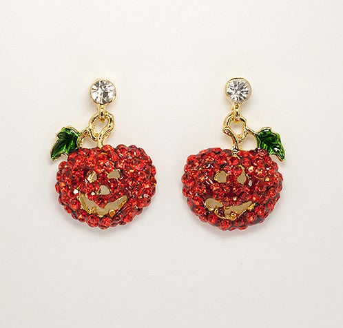 Orange Rhinestone Jack-o’-Lantern Earrings-With Free Necklace
