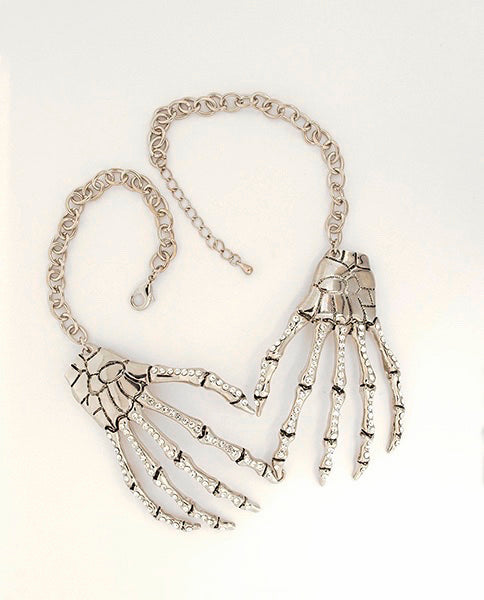 Skeleton Hands Rhinestone Statement Necklace – Silver Gothic Chain Choker
