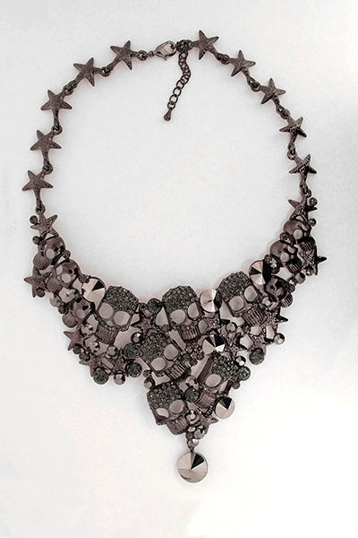 Black Crystal Skull & Star Necklace Set with Matching Earrings