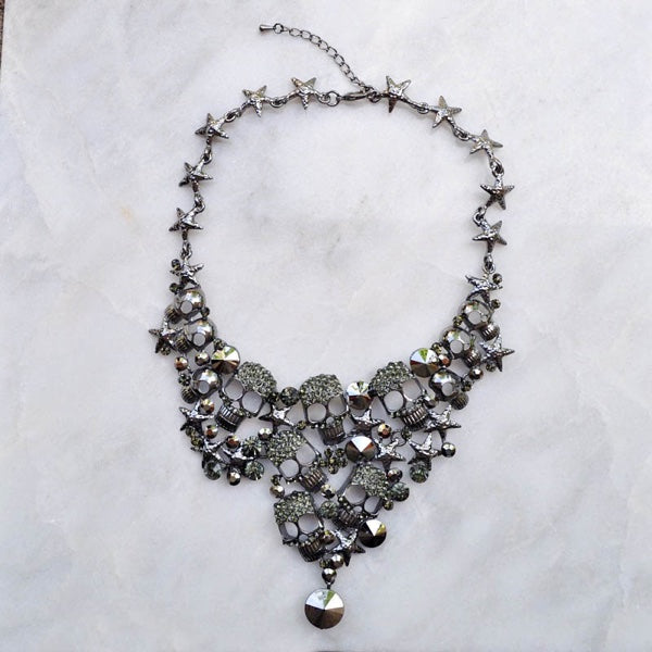 Black Crystal Skull & Star Necklace Set with Matching Earrings