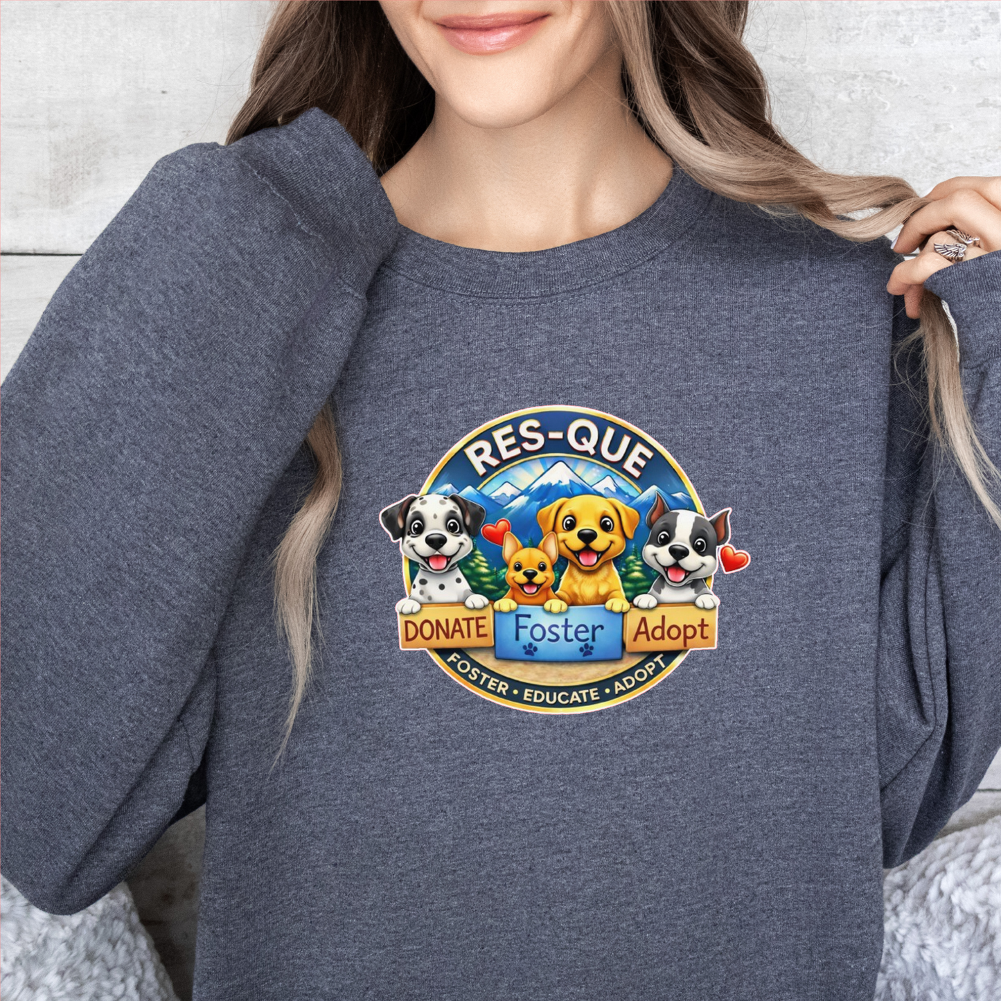 NEW RES-QUE “Donate • Foster • Adopt” Crewneck Sweatshirt (Available in many fun colors) - Ruff Life Rescue Wear