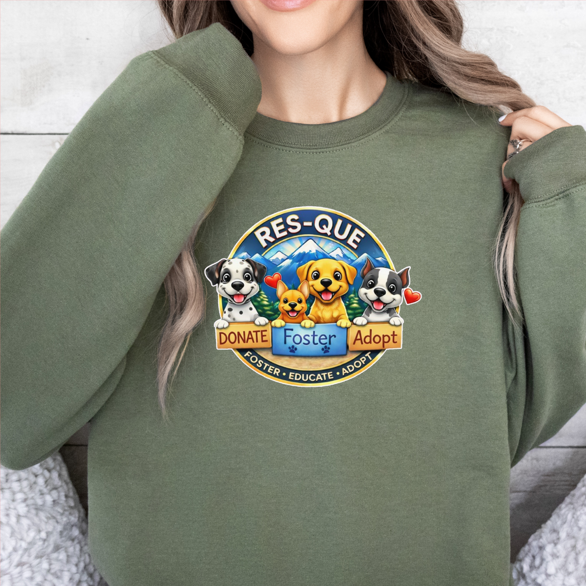 NEW RES-QUE “Donate • Foster • Adopt” Crewneck Sweatshirt (Available in many fun colors) - Ruff Life Rescue Wear