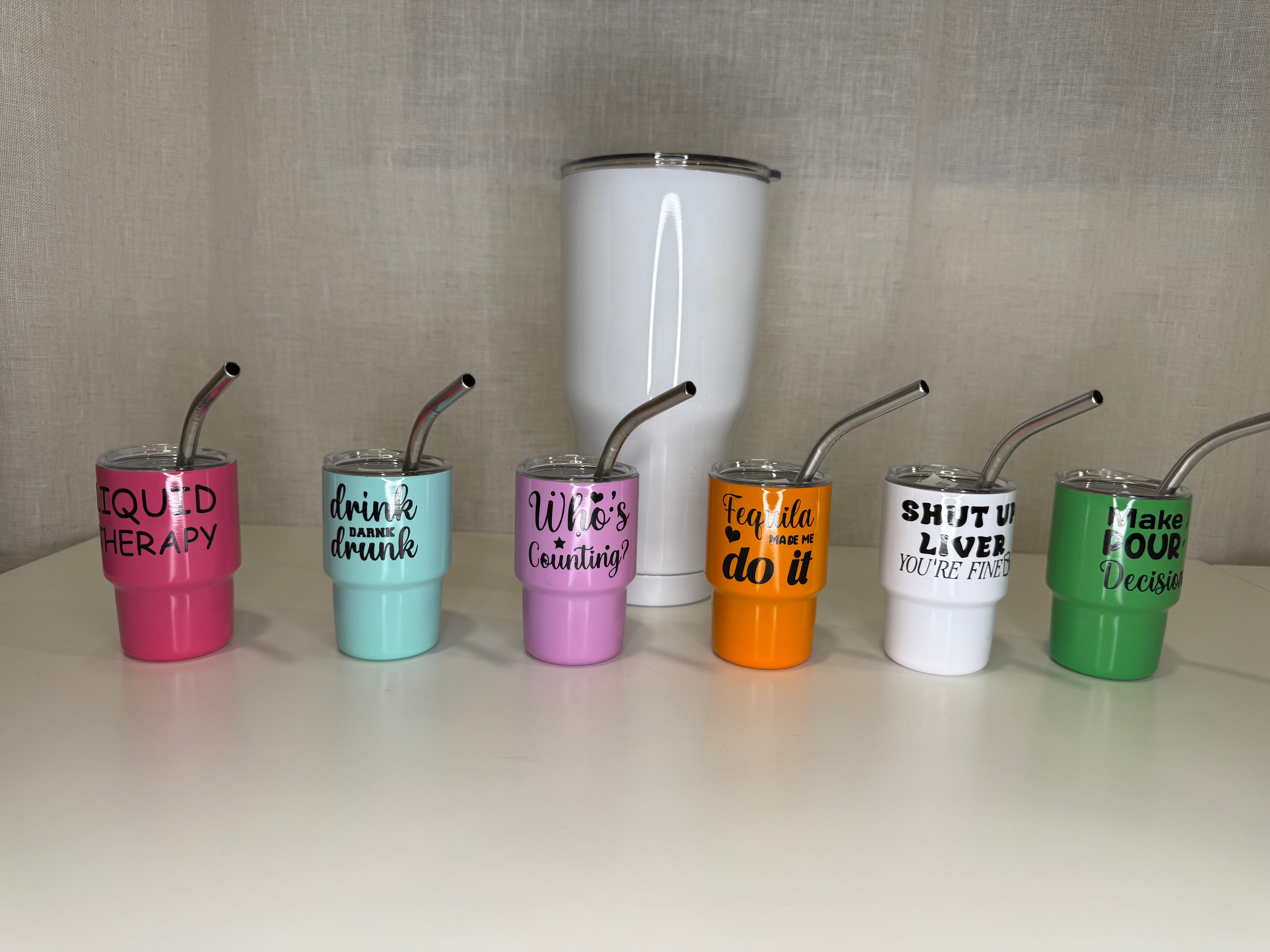 Mini Tumbler Shot Glass – Funny Sayings | 3.5 oz Stainless Steel Cup with Lid & Straw