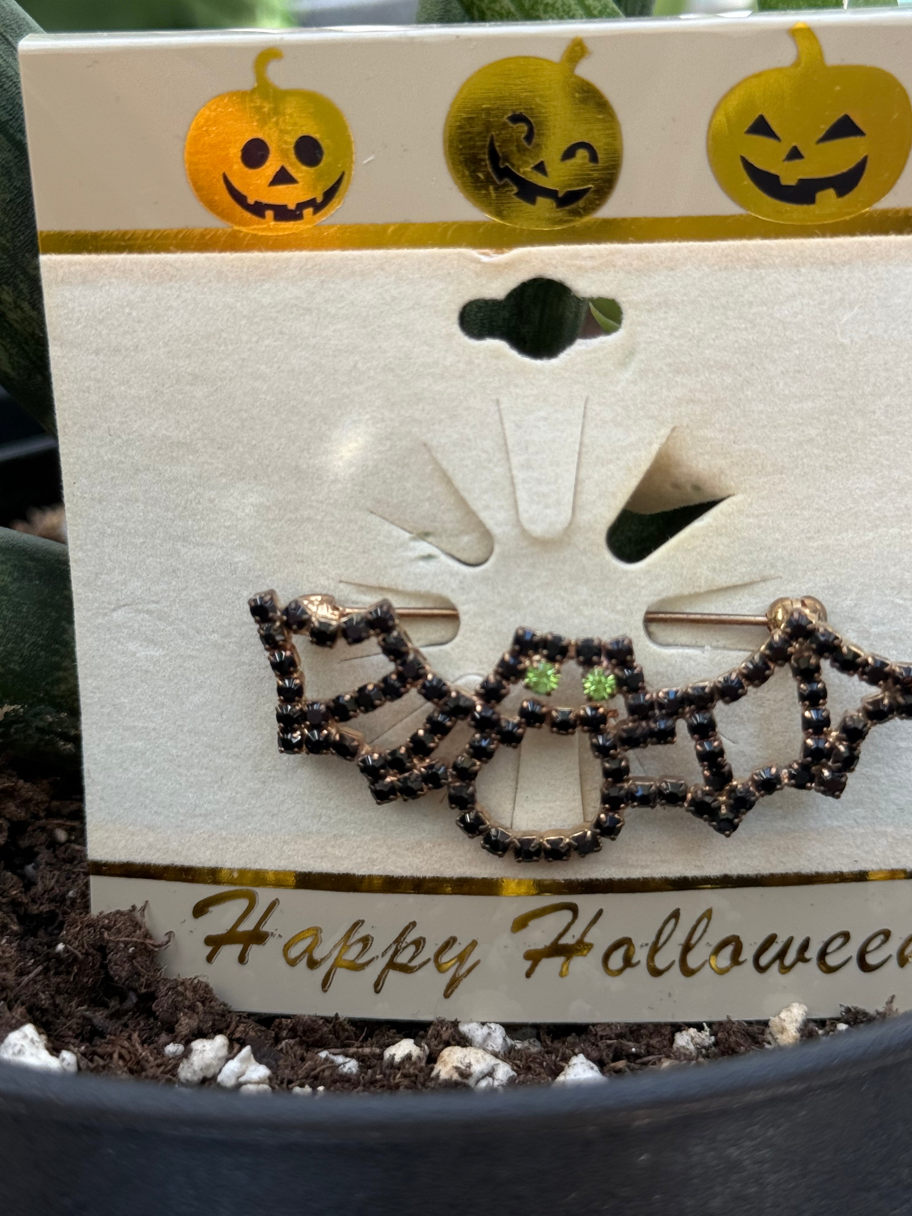Bat Pin with Green Crystal Eyes – Halloween Brooch