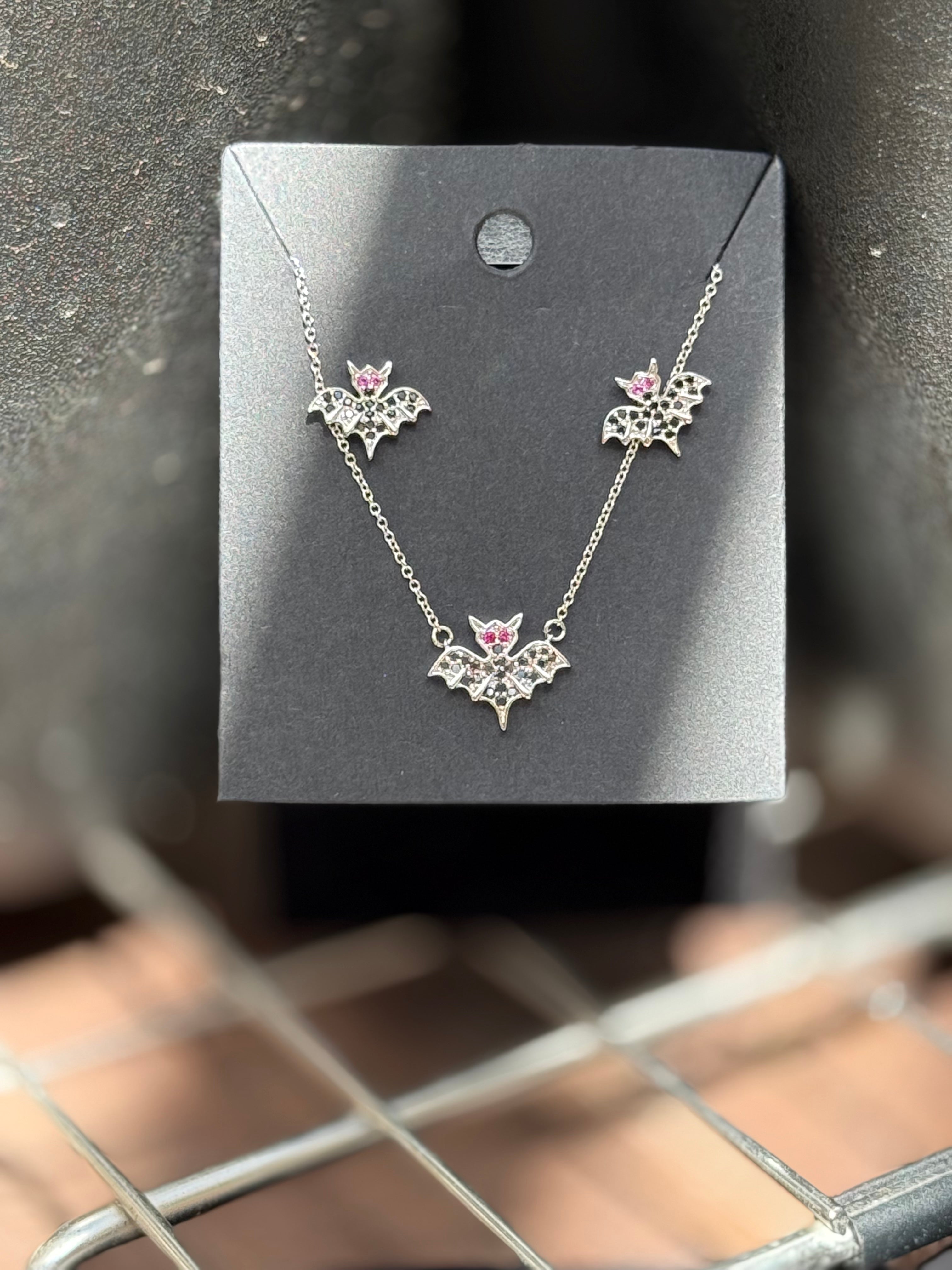 Silver Cubic Zirconia Bat Necklace & Earring Set – Pink Gem Eyes | Halloween Collection