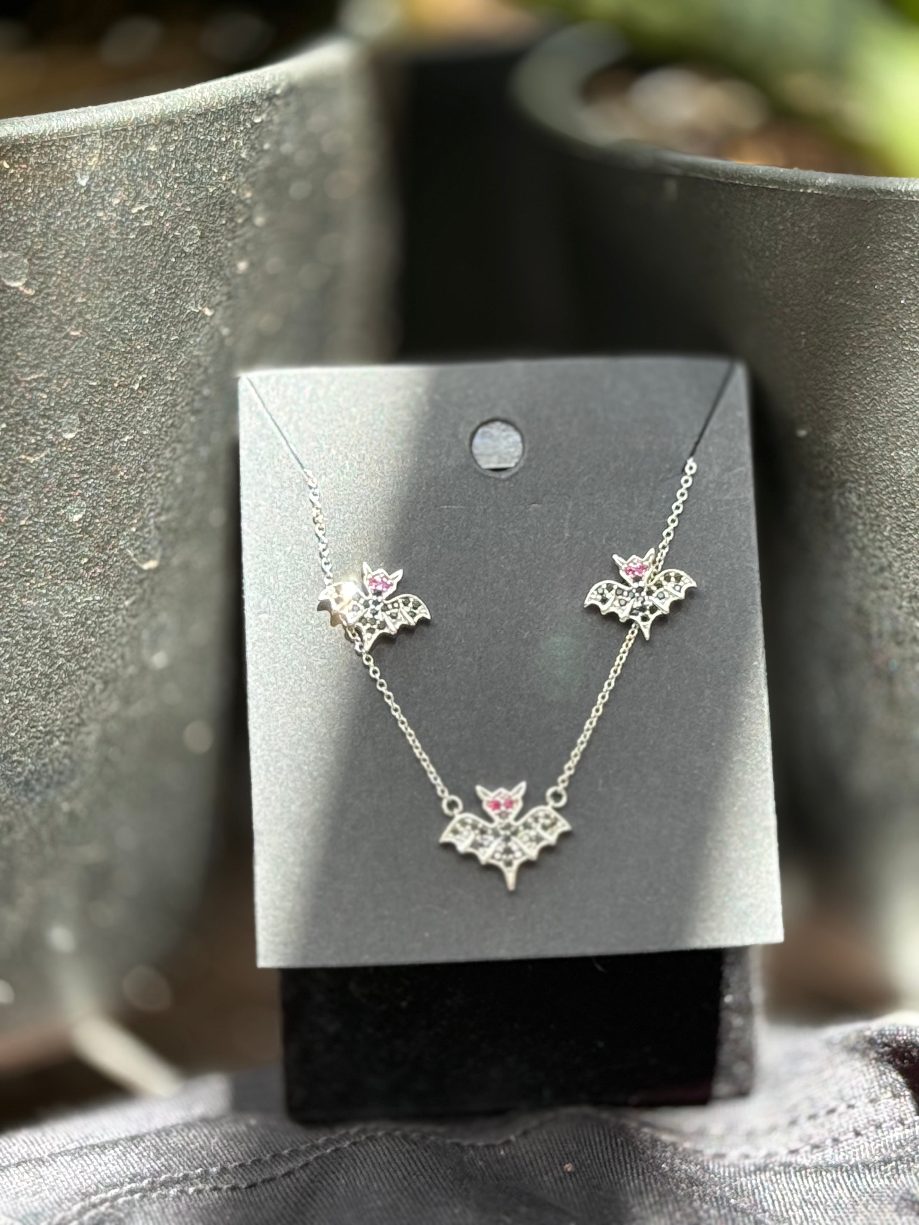 Silver Cubic Zirconia Bat Necklace & Earring Set – Pink Gem Eyes | Halloween Collection