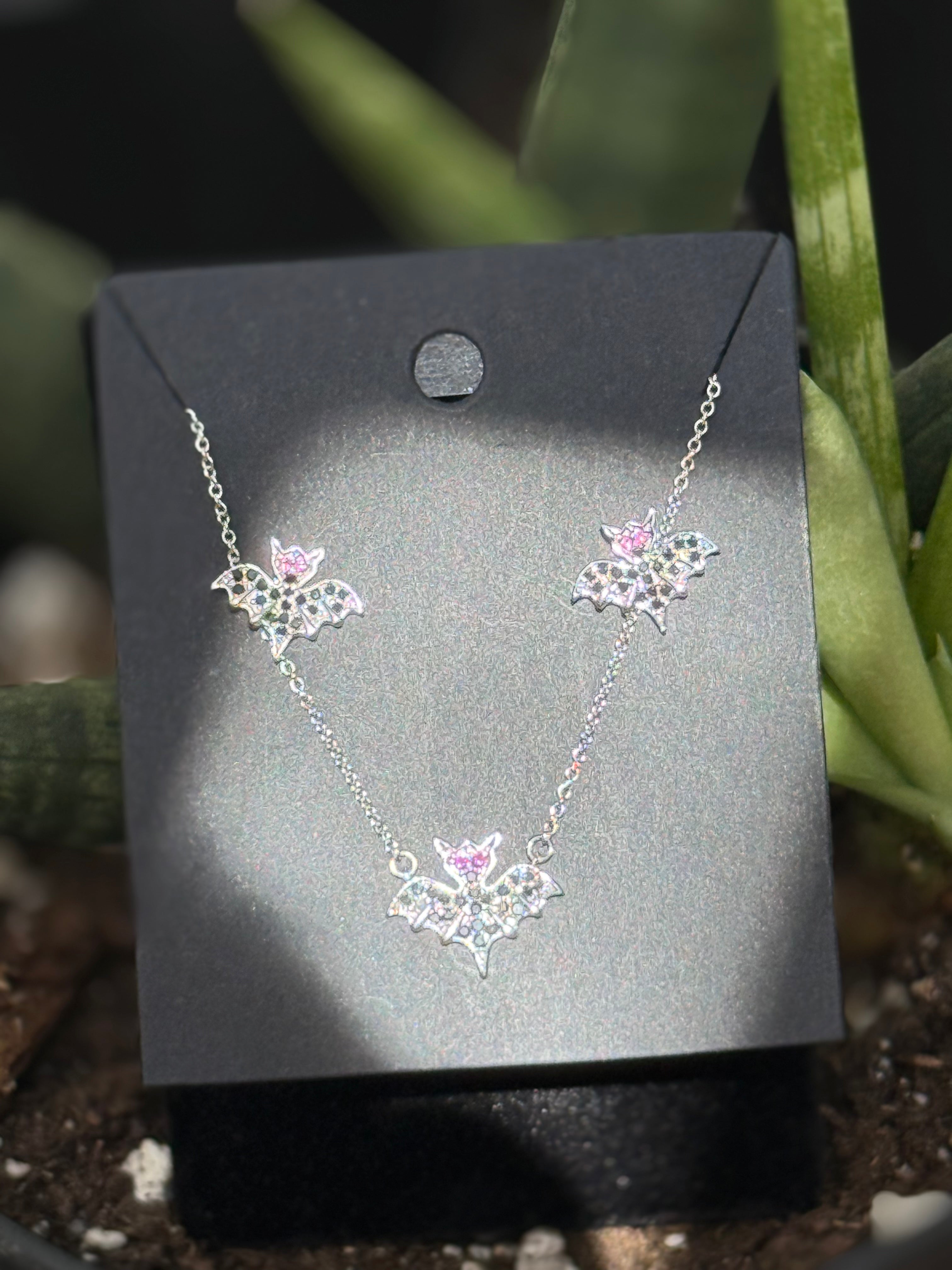 Silver Cubic Zirconia Bat Necklace & Earring Set – Pink Gem Eyes | Halloween Collection