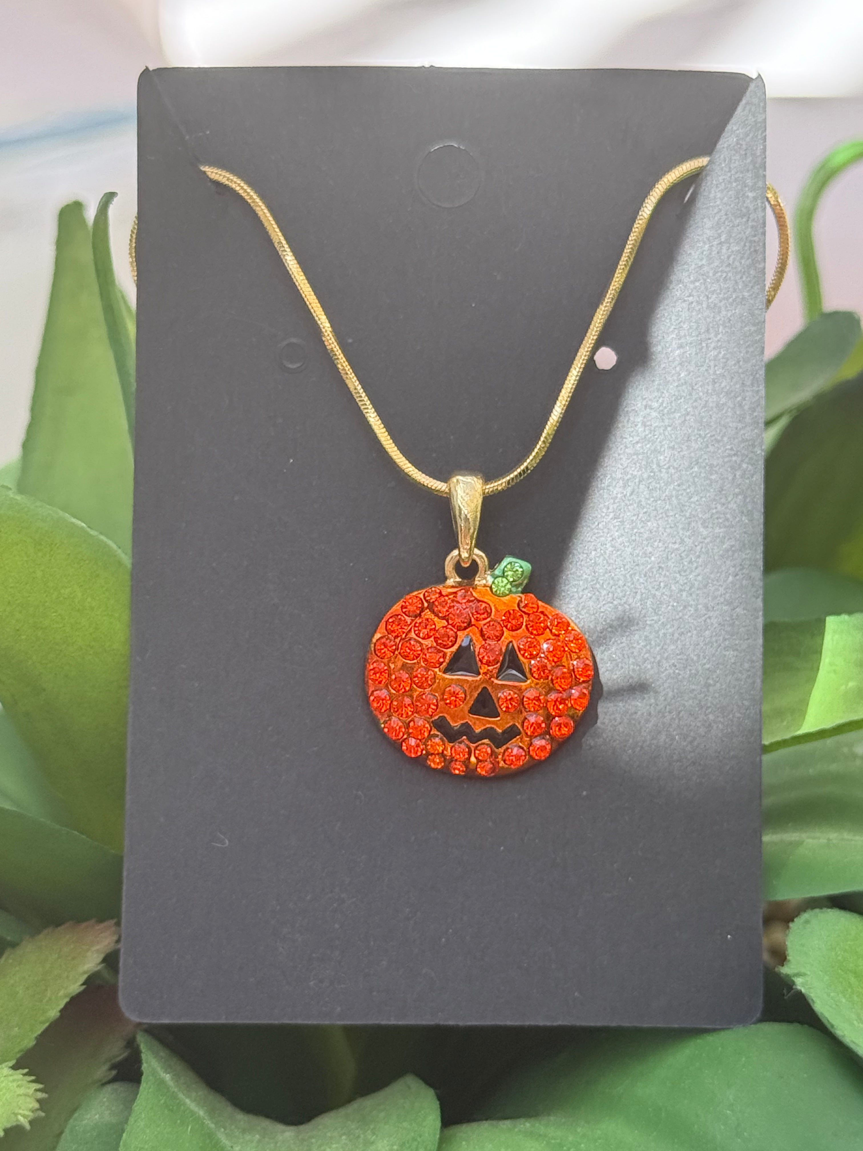Gold Pumpkin Rhinestone Necklace – Adjustable 16–18" Jack-o’-Lantern Pendant | Halloween Collection