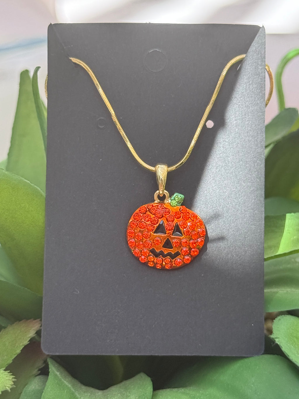 Gold Pumpkin Rhinestone Necklace – Adjustable 16–18" Jack-o’-Lantern Pendant | Halloween Collection