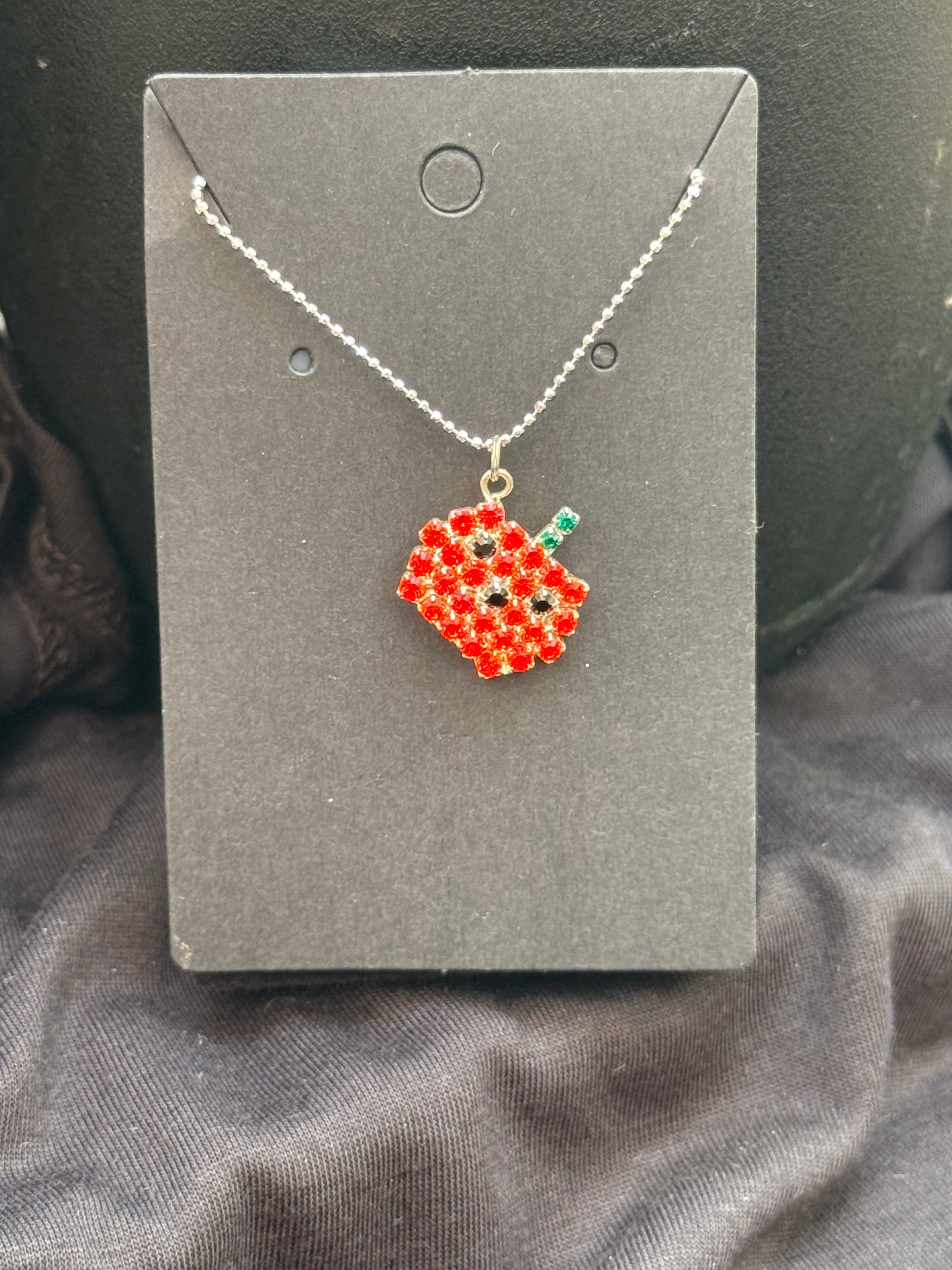 Silver Pumpkin Rhinestone Necklace – Adjustable 16–18" Pendant | Halloween Collection