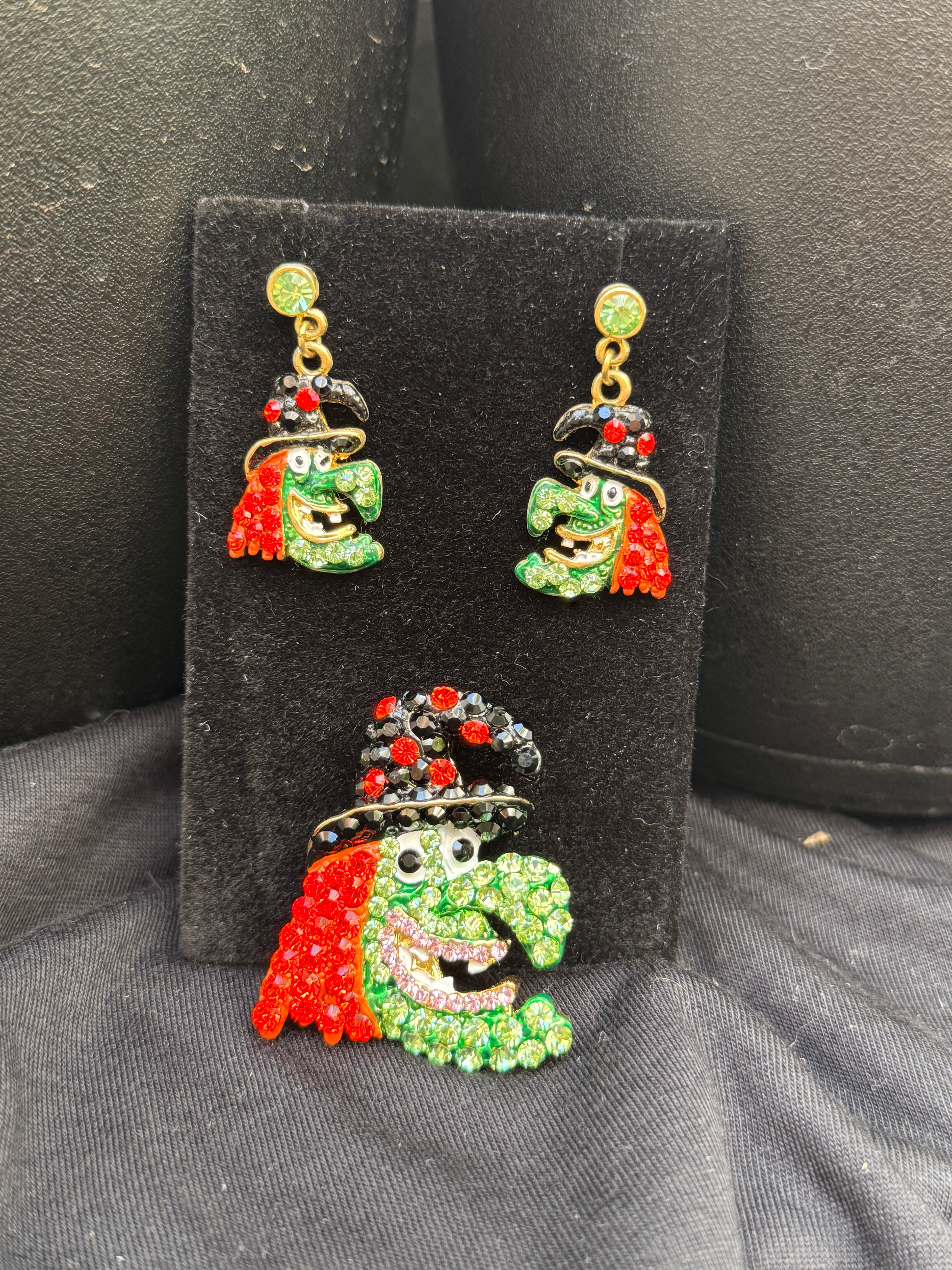 Green Witch Earrings & Brooch Set – Swarovski Crystal Rhinestones | Halloween Collection