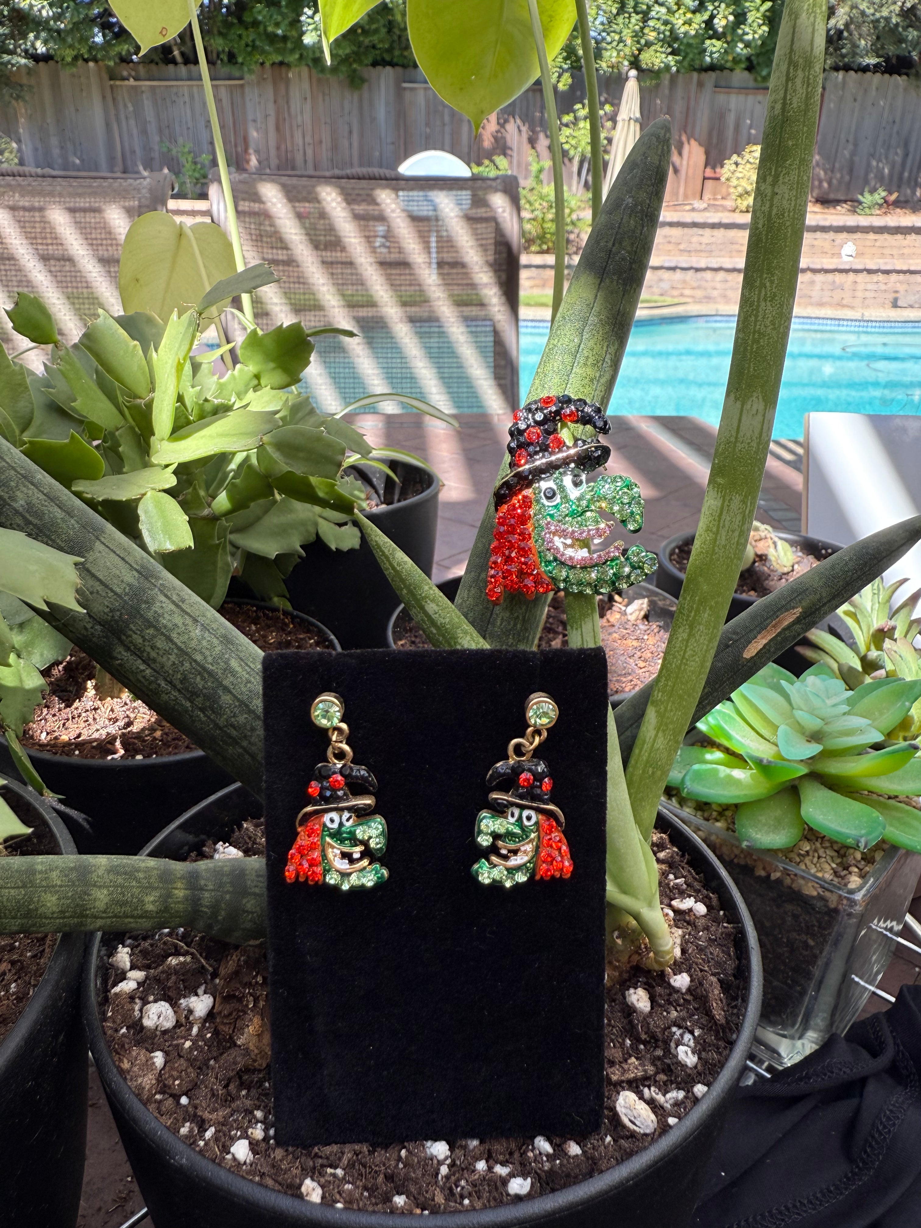 Green Witch Earrings & Brooch Set – Swarovski Crystal Rhinestones | Halloween Collection