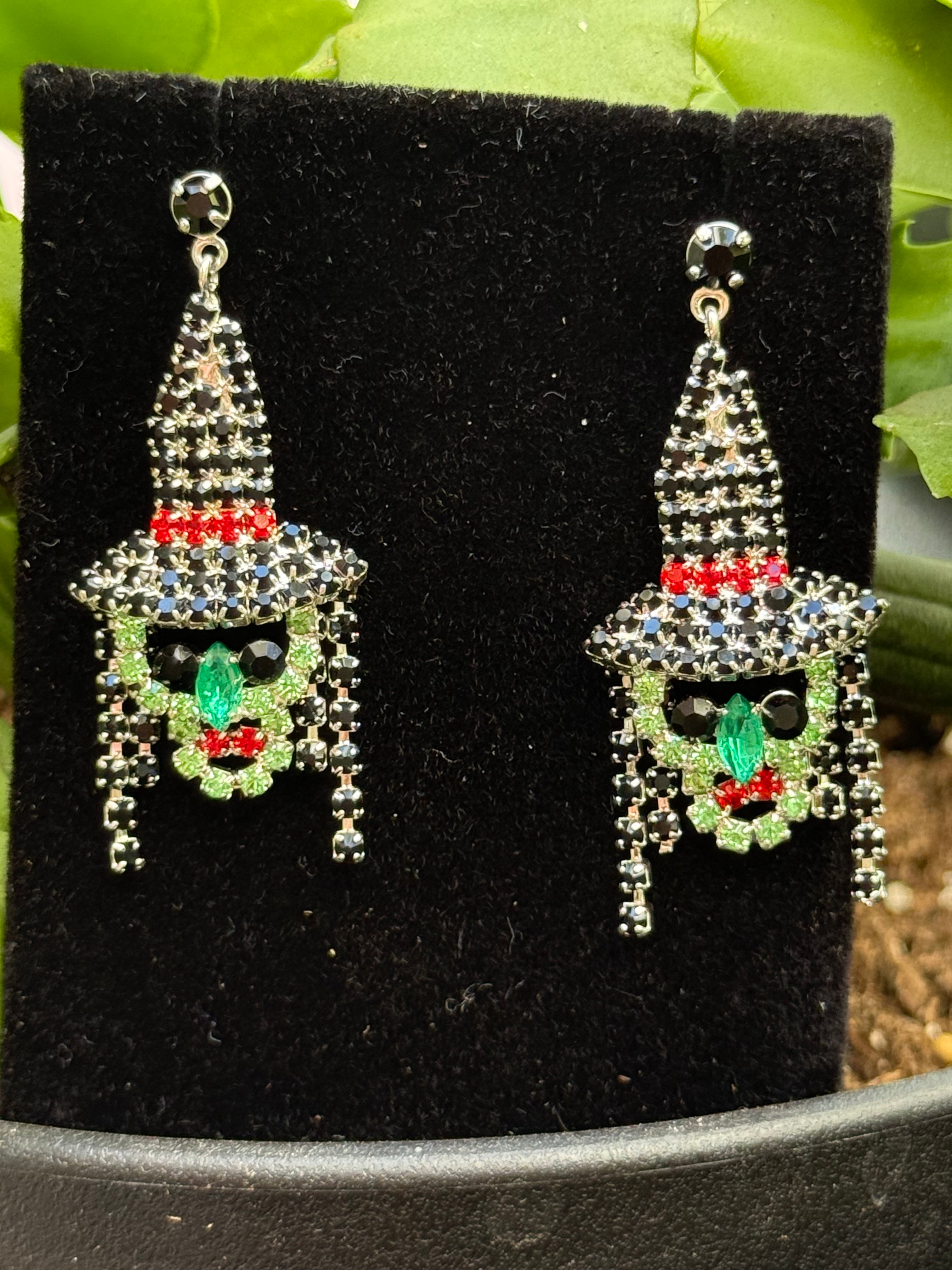 Crystal Witch Face Earrings | Gold or Silver | Rhinestone Drop Halloween Jewelry