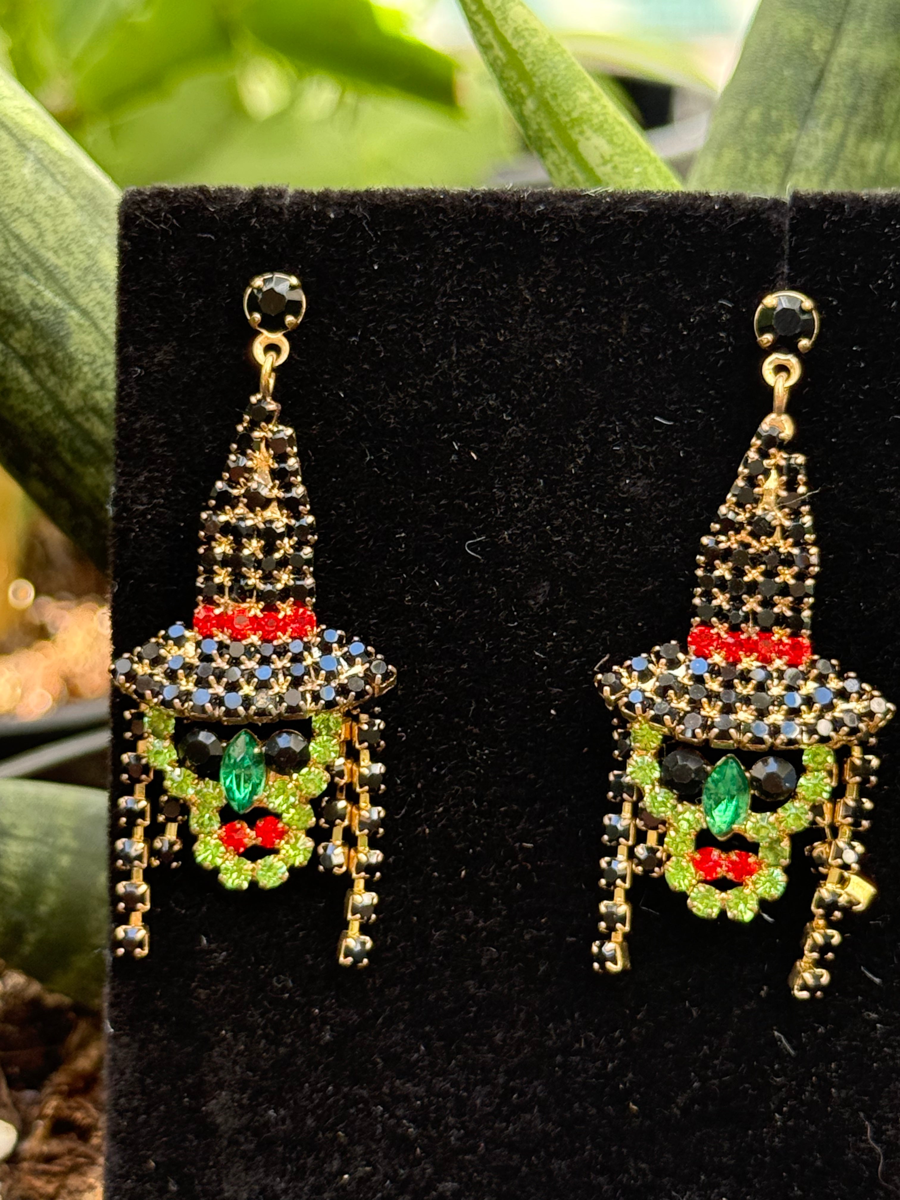 Crystal Witch Face Earrings | Gold or Silver | Rhinestone Drop Halloween Jewelry