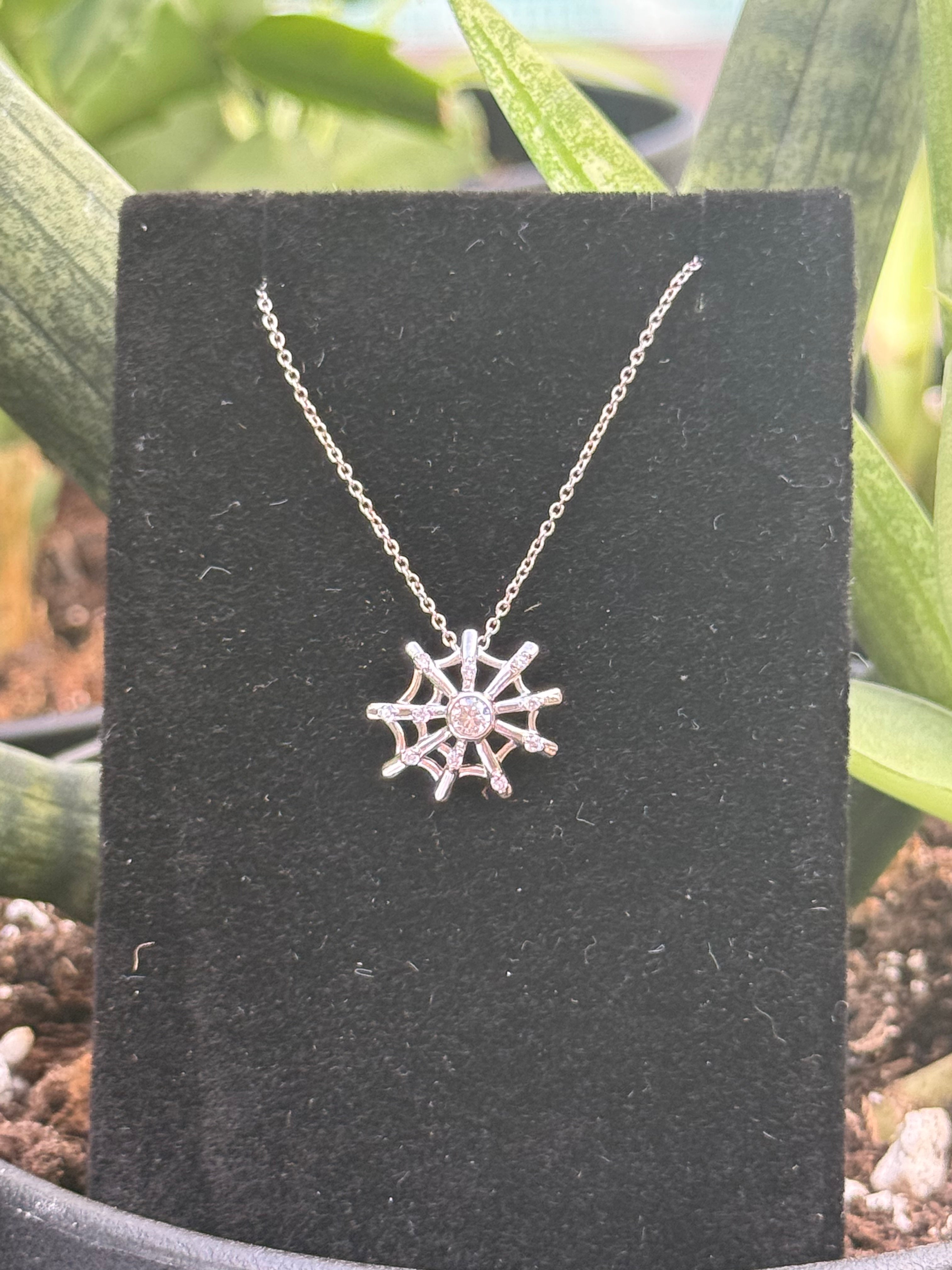 Cubic Zirconia Spider Web Necklace – Silver Pendant