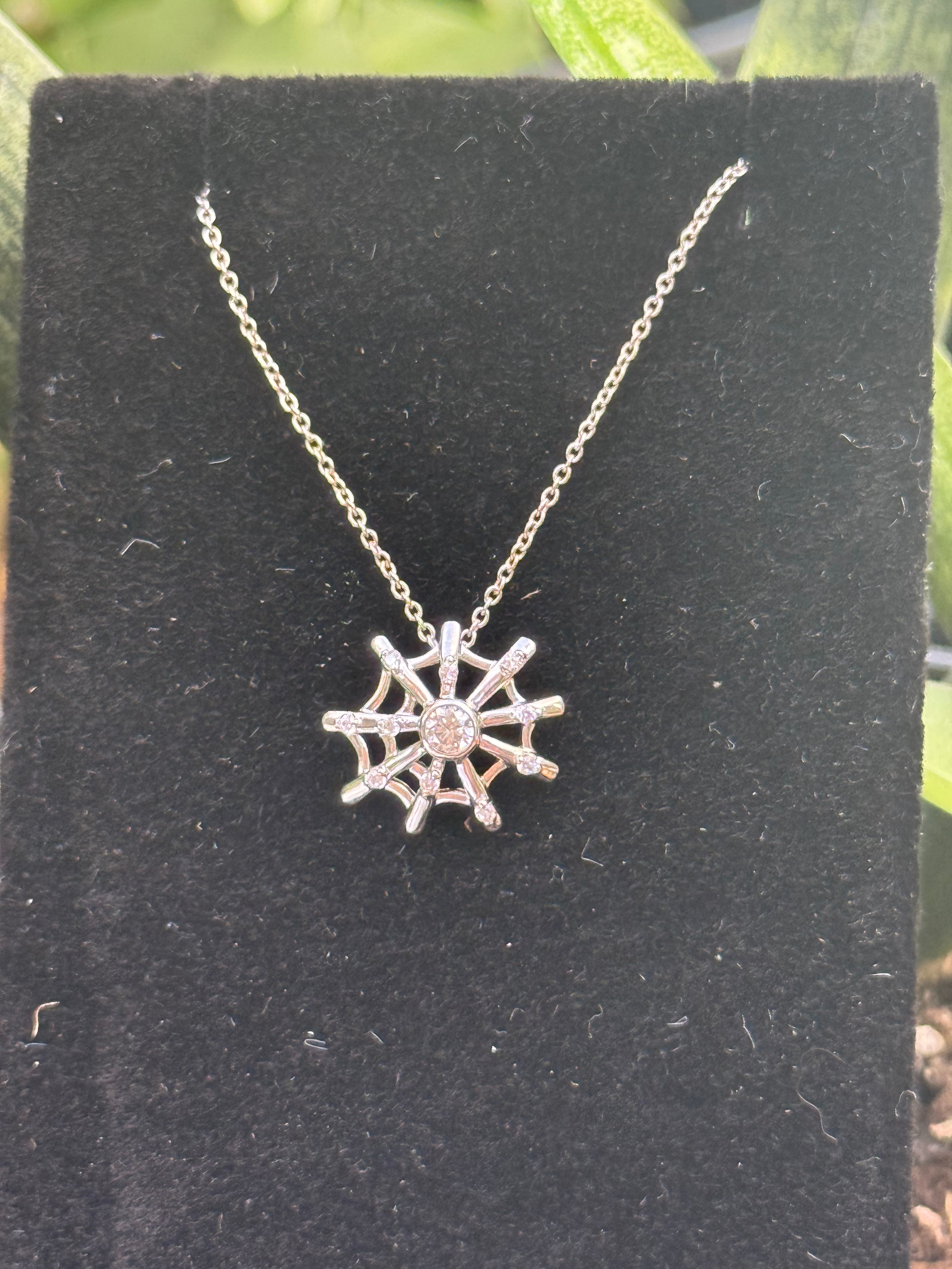 Cubic Zirconia Spider Web Necklace – Silver Pendant