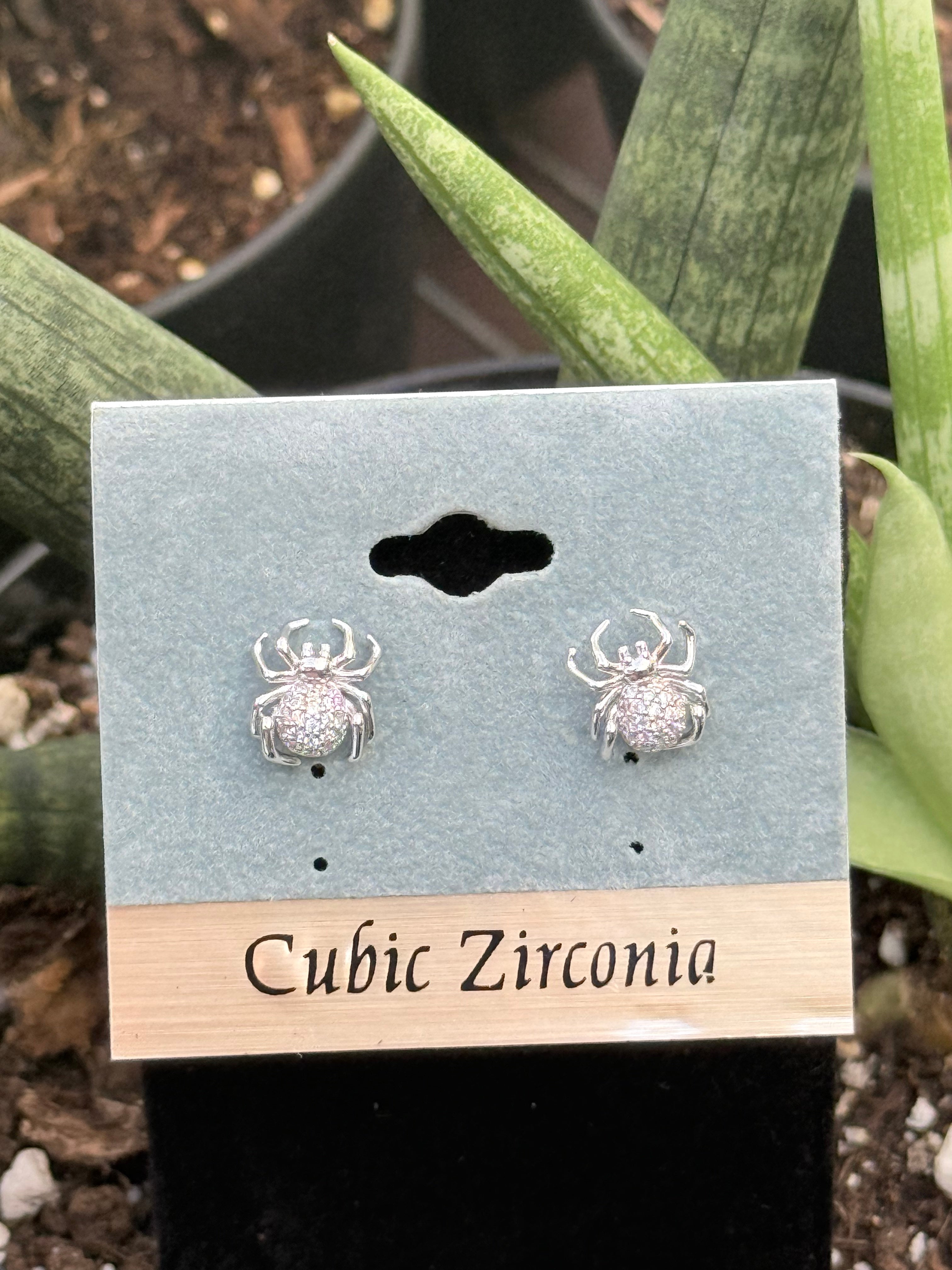 Cubic Zirconia Spider Earrings – Silver Sparkle Halloween Studs | Crystal Spider Jewelry Gift |