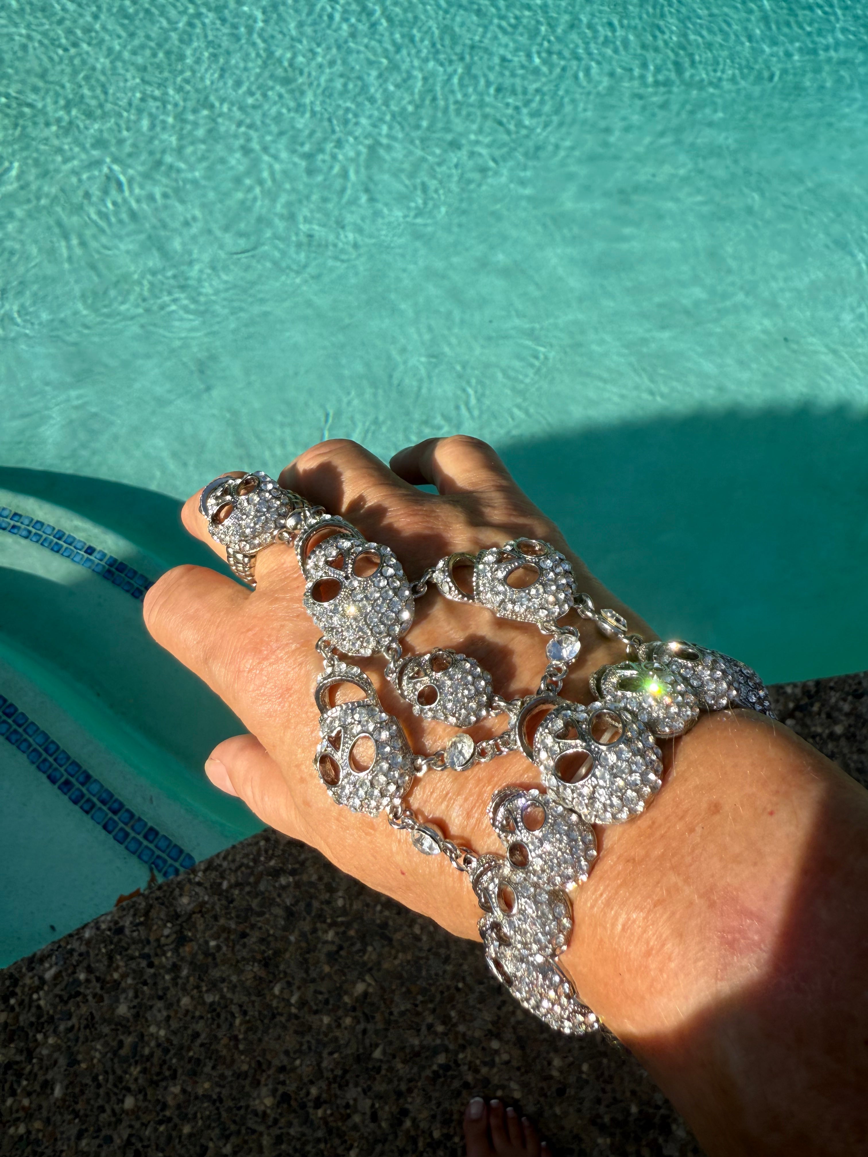 Rhinestone Skull Hand Jewelry – Statement Bracelet & Ring Combo