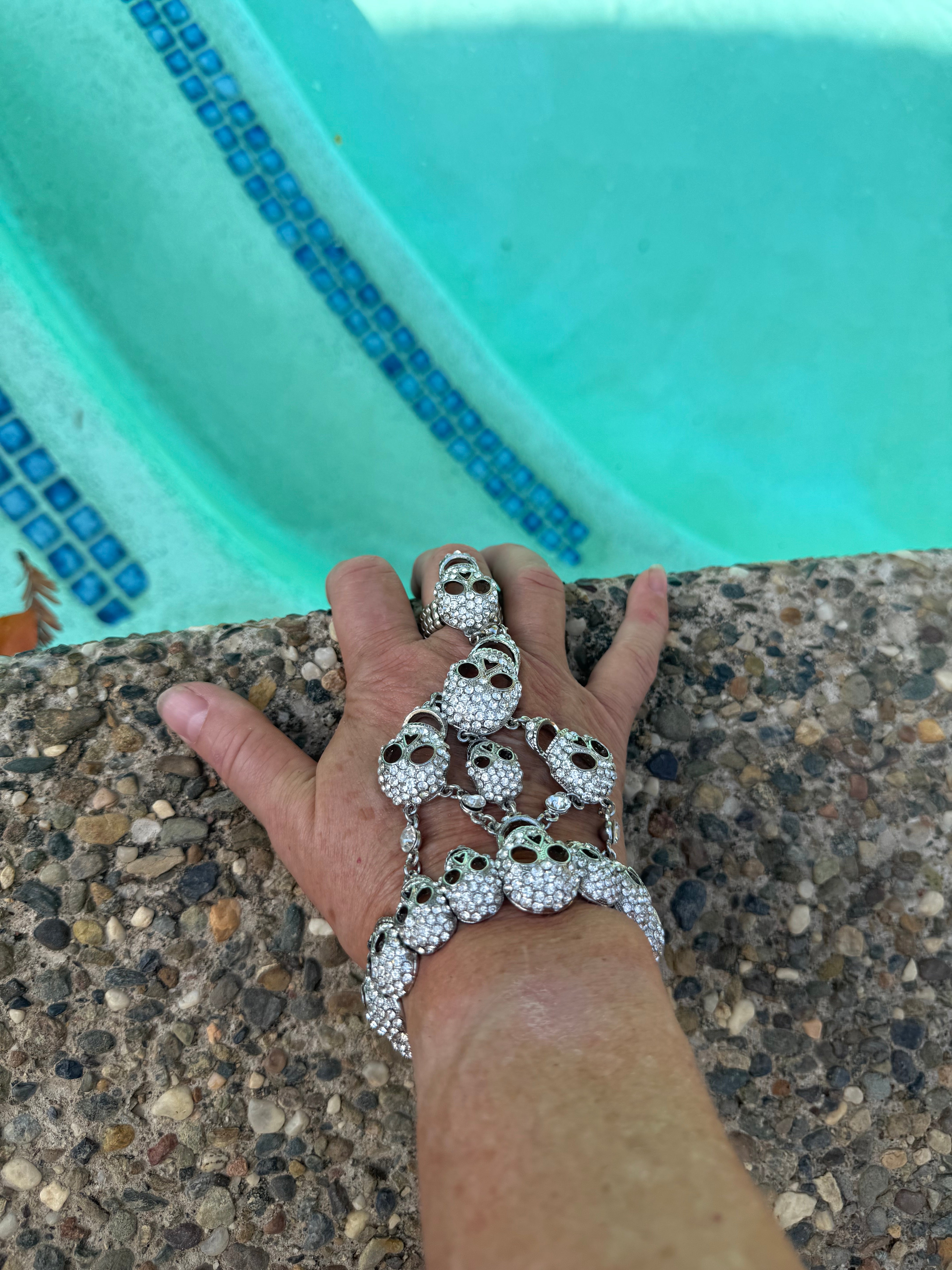 Rhinestone Skull Hand Jewelry – Statement Bracelet & Ring Combo