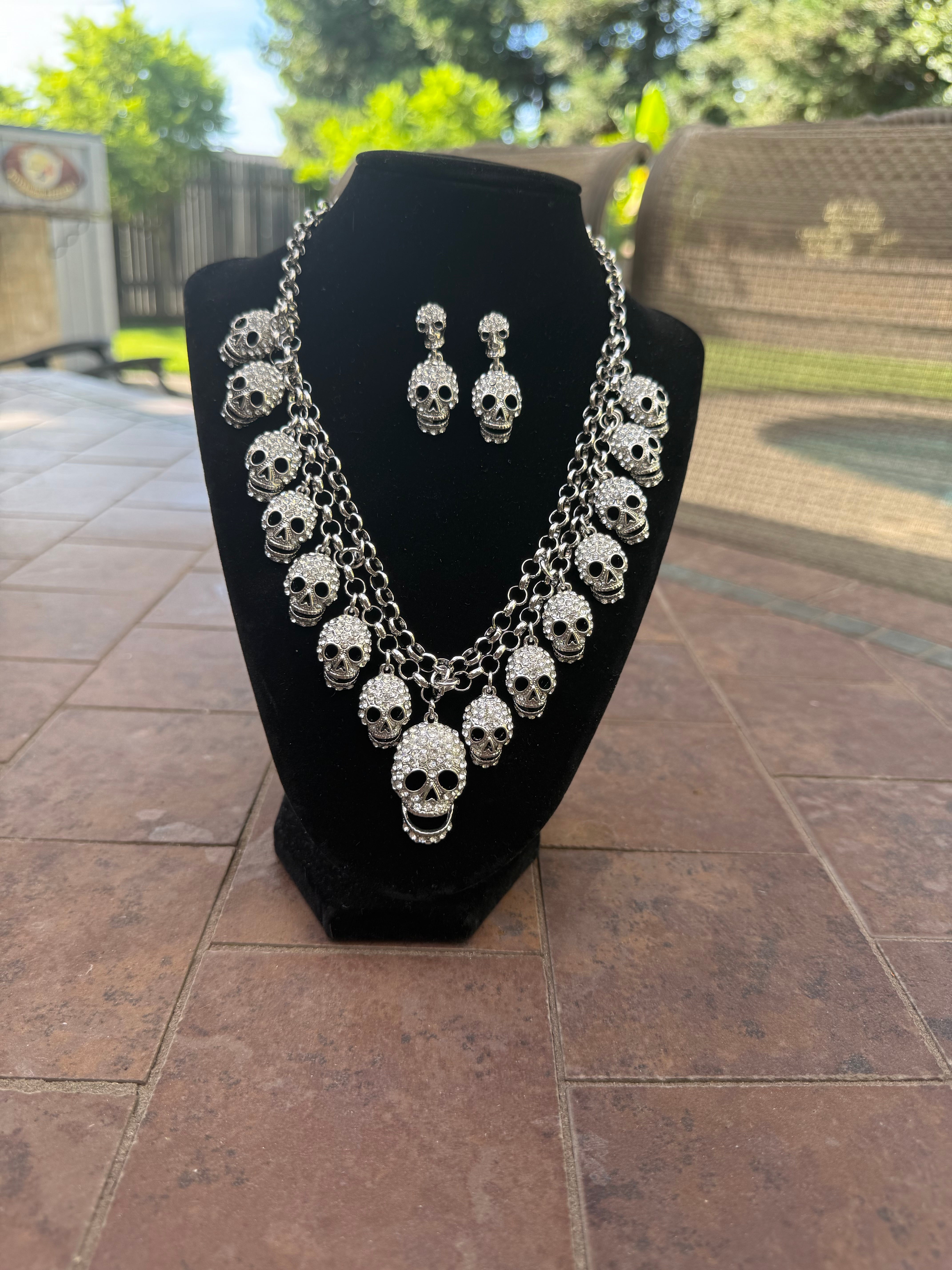 Rhinestone Skull Necklace & Earrings Set
