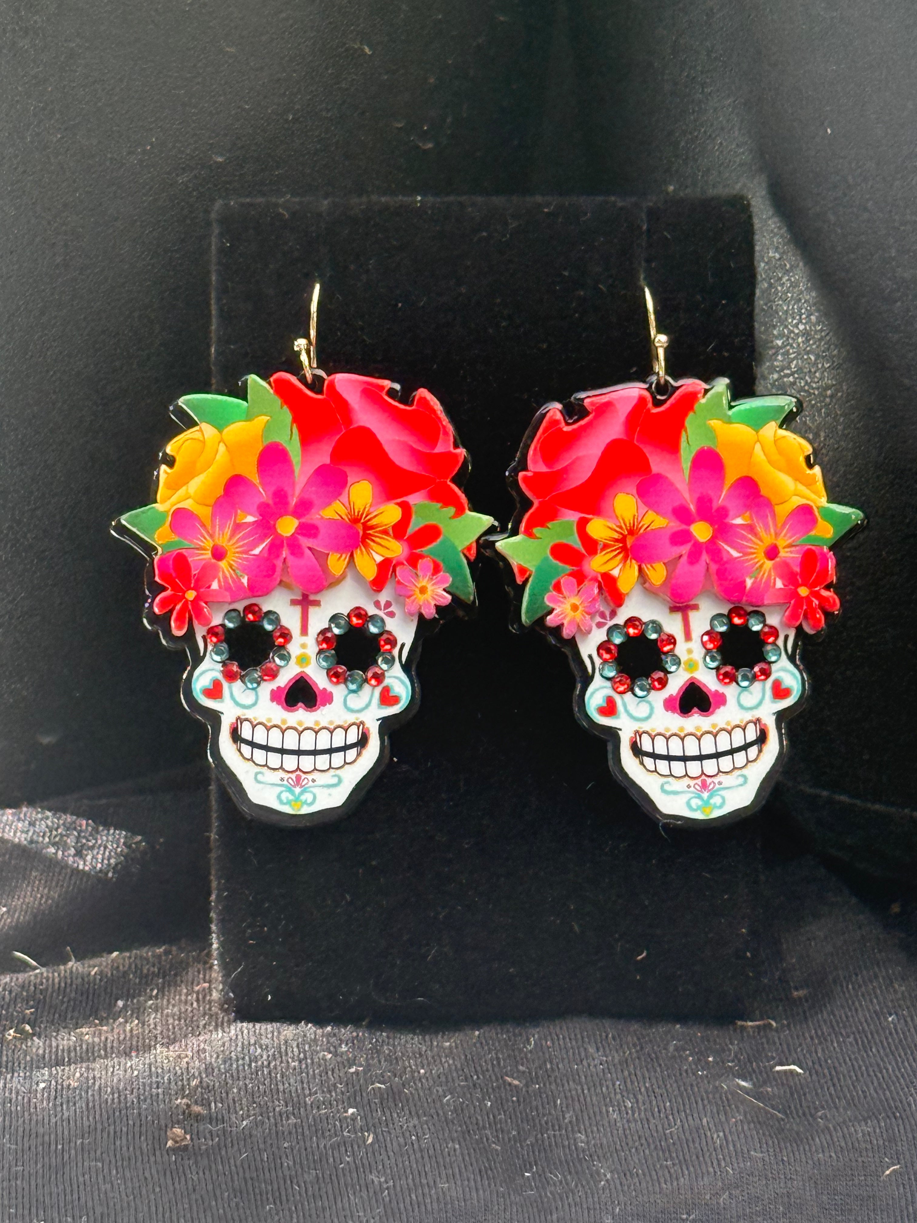 Floral Sugar Skull Earrings – Colorful Rhinestone Día de los Muertos Statement Jewelry