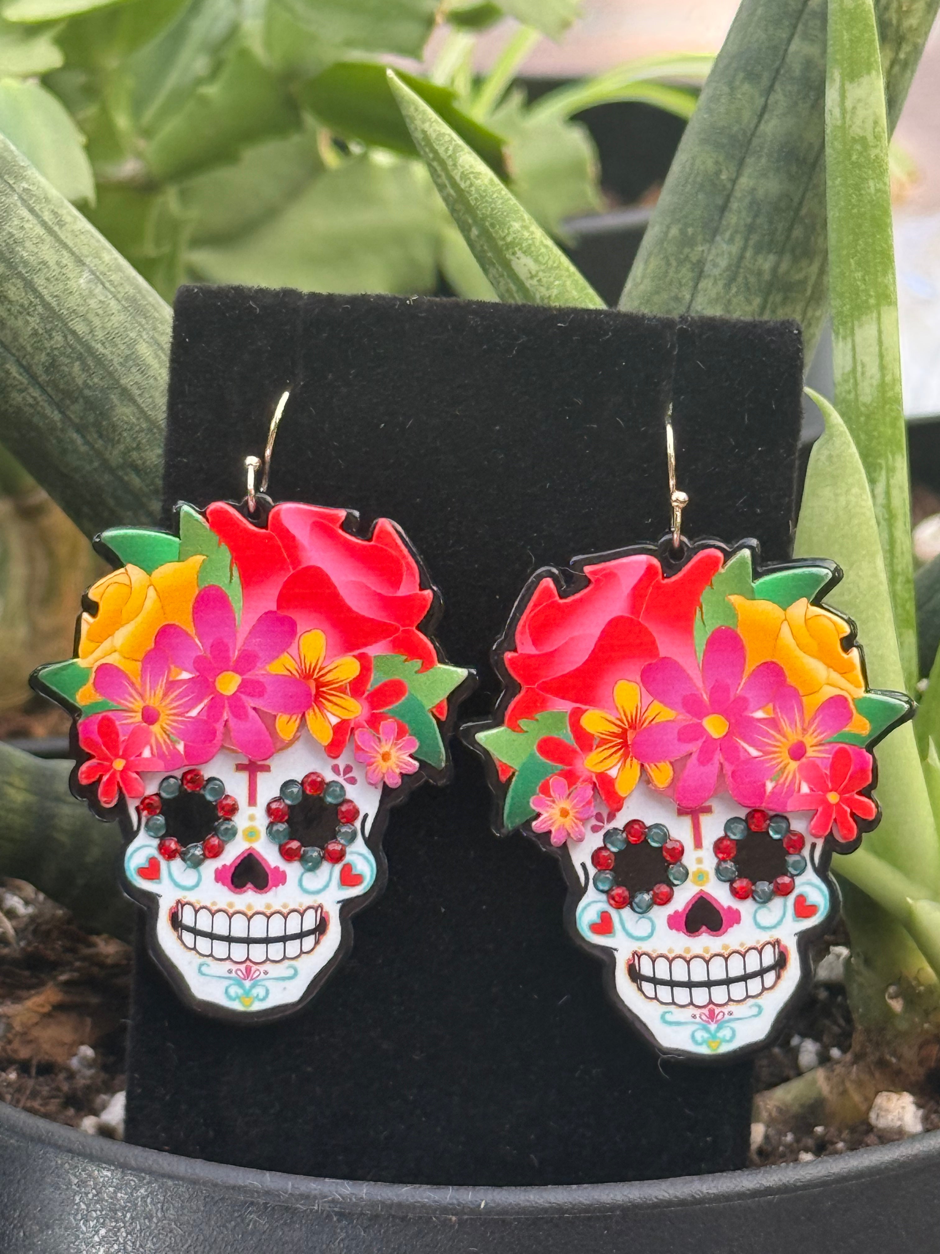 Floral Sugar Skull Earrings – Colorful Rhinestone Día de los Muertos Statement Jewelry