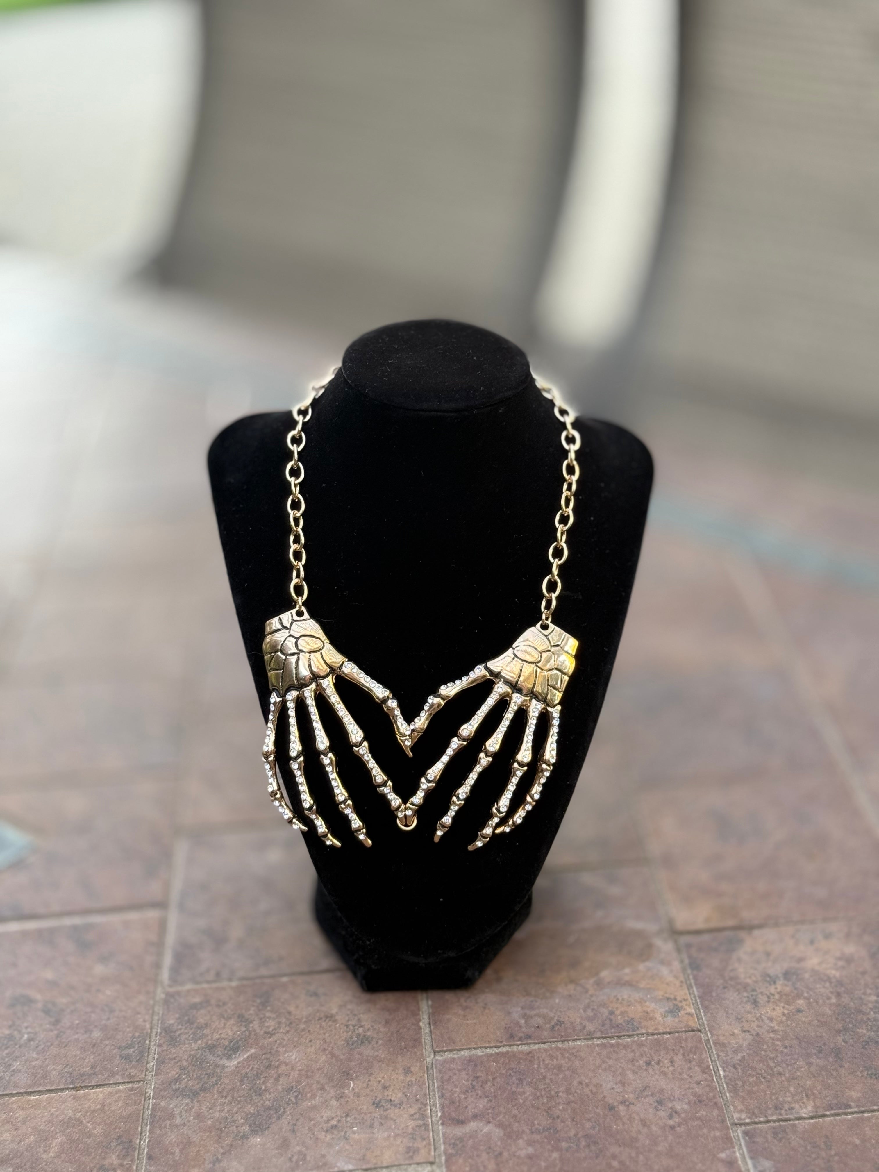 Skeleton Hands Rhinestone Statement Necklace – Silver Gothic Chain Choker