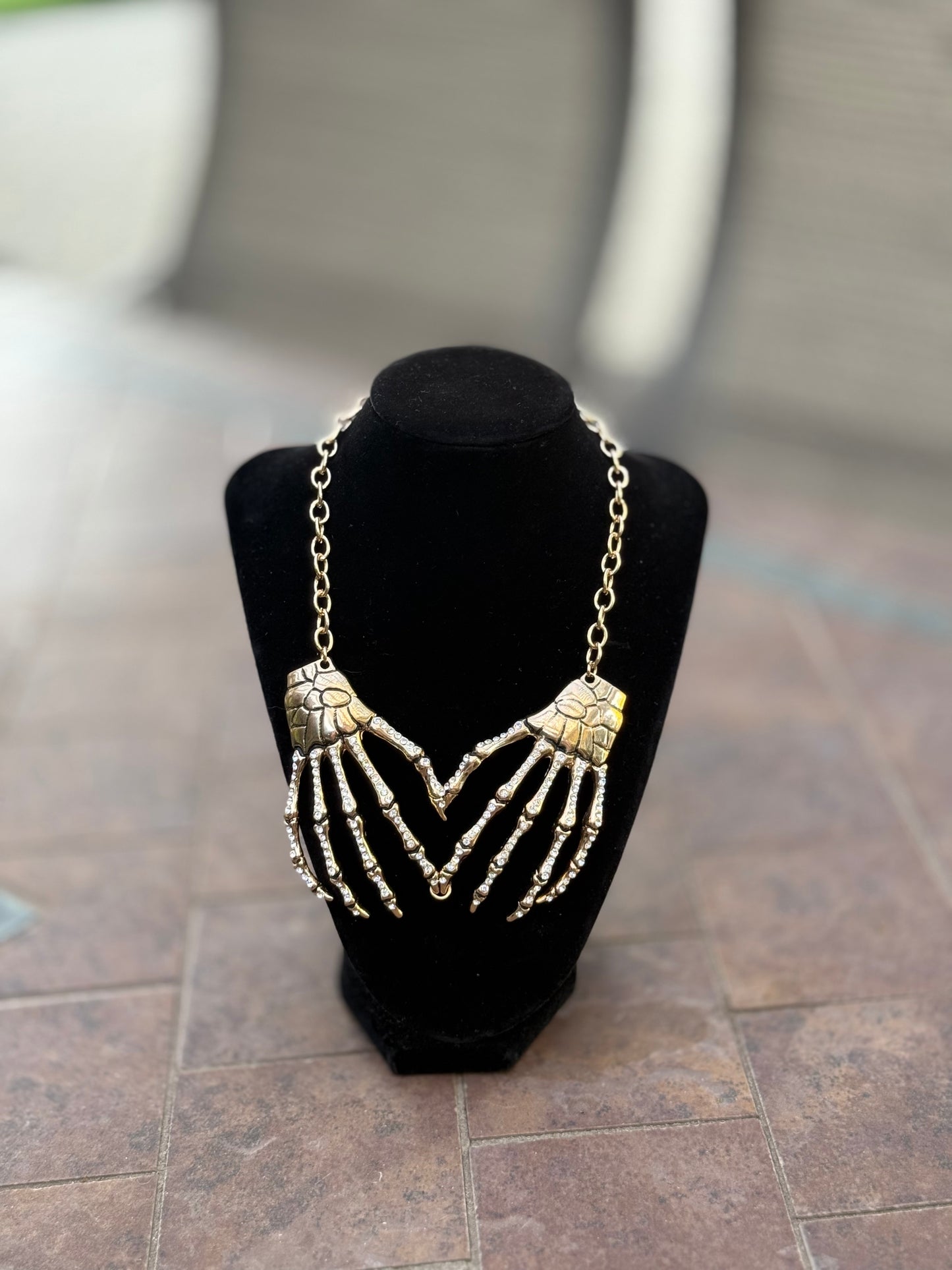 Skeleton Hands Rhinestone Statement Necklace – Silver Gothic Chain Choker - Ruff Life Rescue Wear