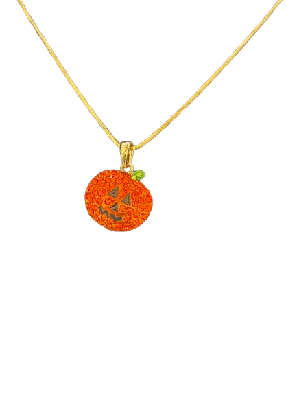 Gold Pumpkin Rhinestone Necklace – Adjustable 16–18" Jack-o’-Lantern Pendant | Halloween Collection