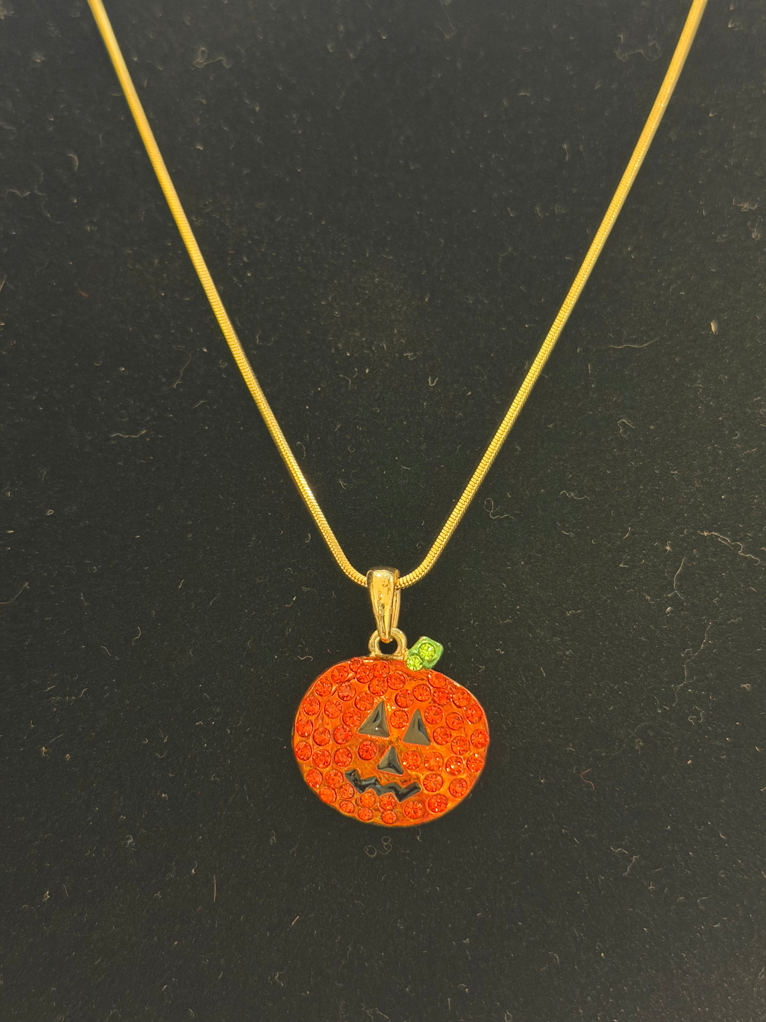 Gold Pumpkin Rhinestone Necklace – Adjustable 16–18" Jack-o’-Lantern Pendant | Halloween Collection
