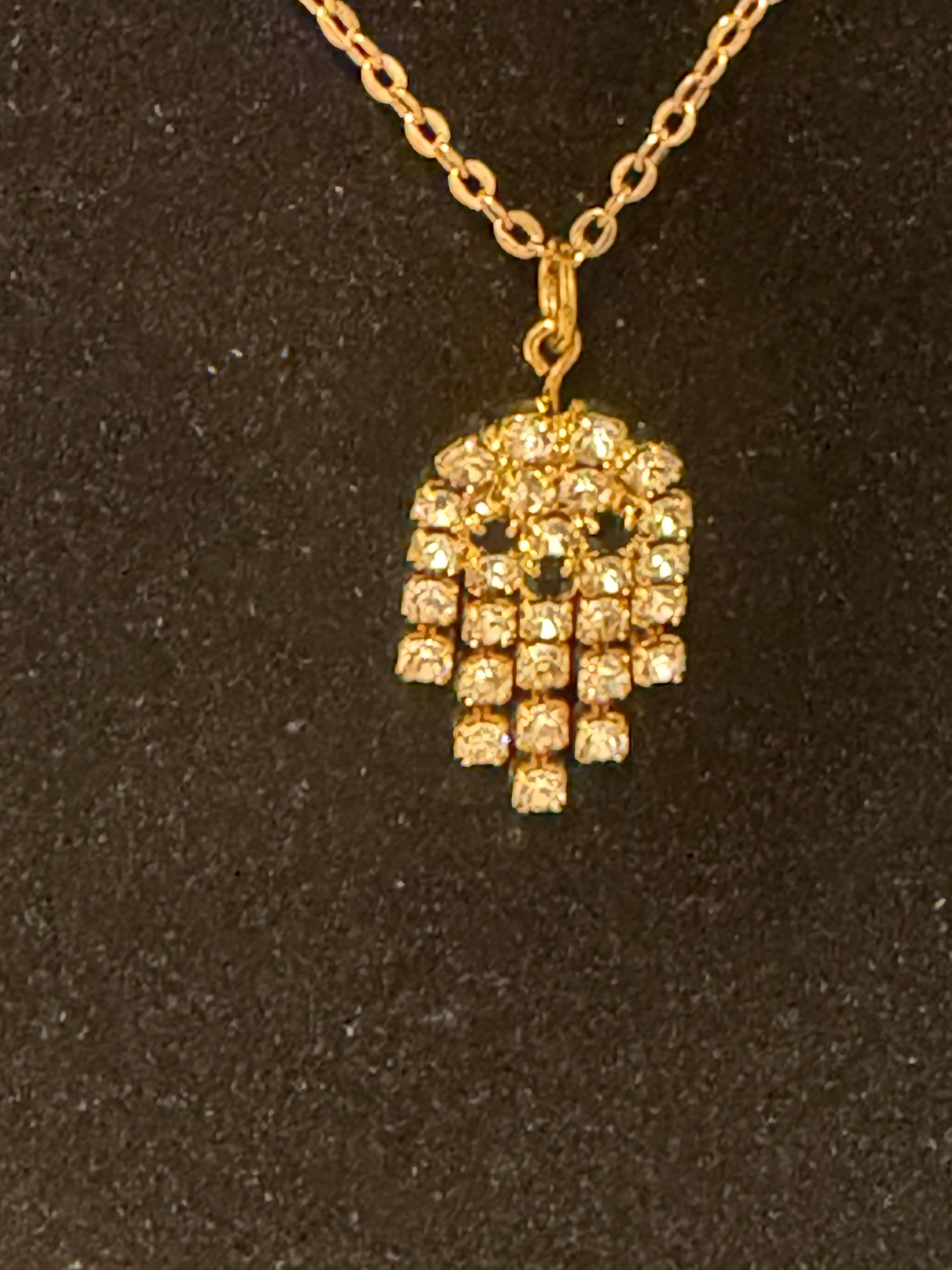 Sparkling Halloween Duo – Gold Ghost Necklace & Crystal “BOO!” Brooch