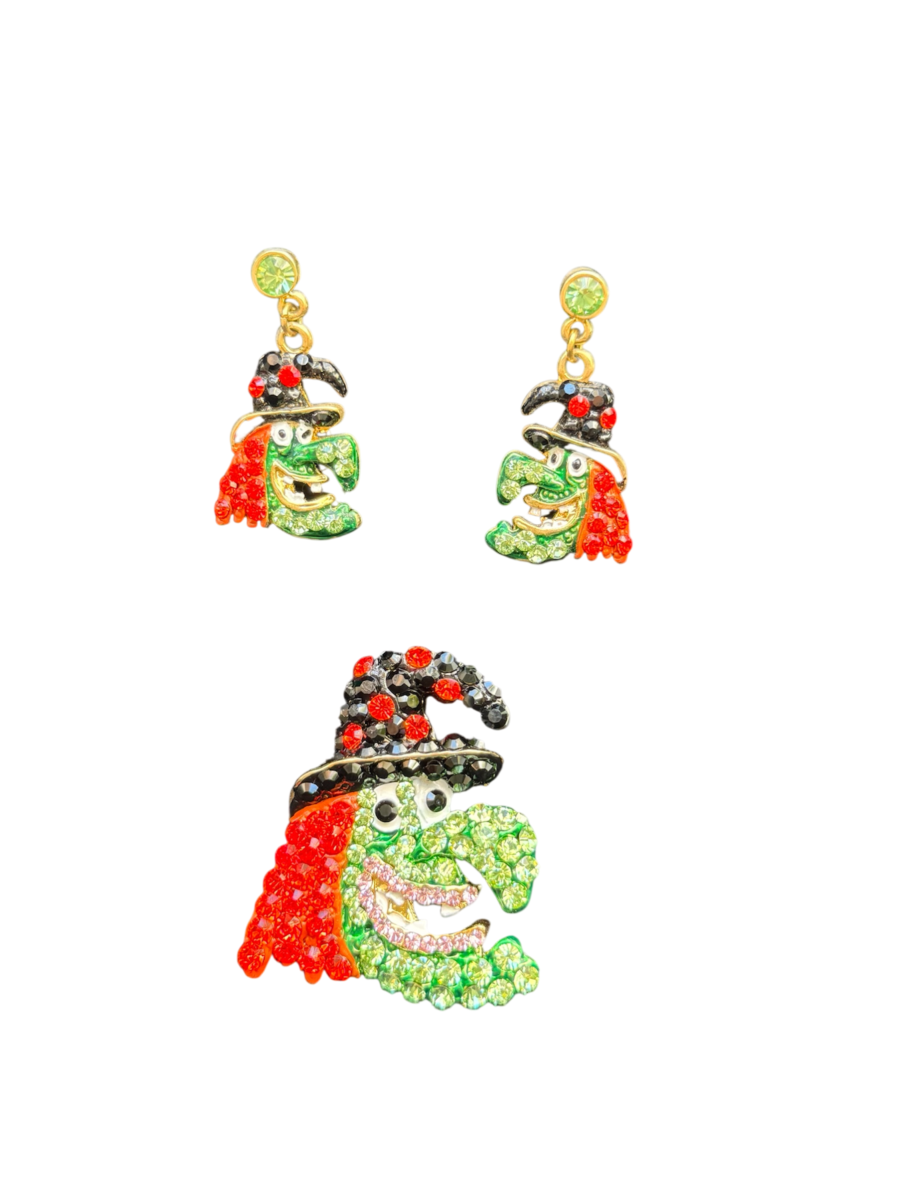 Green Witch Earrings & Brooch Set – Swarovski Crystal Rhinestones | Halloween Collection