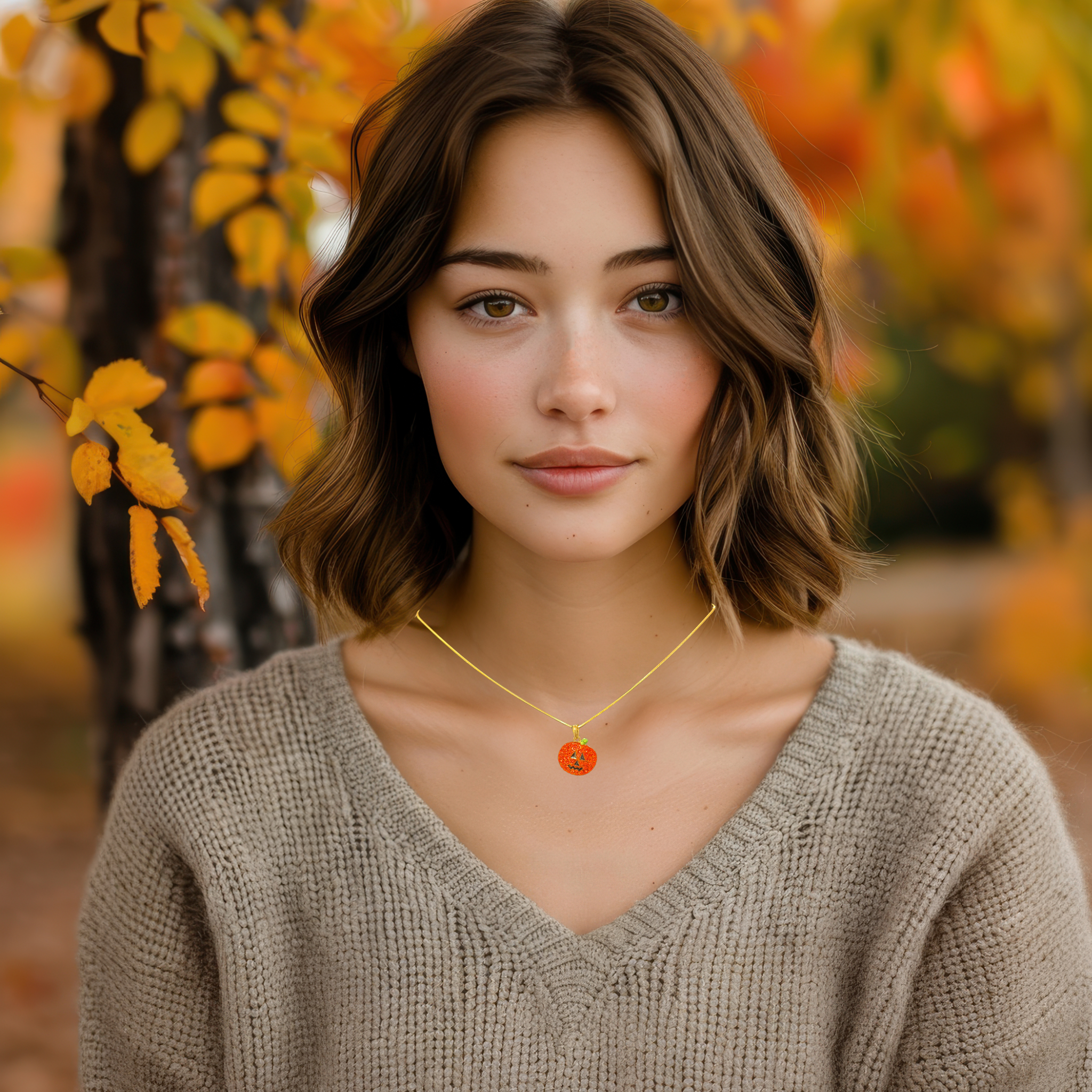 Gold Pumpkin Rhinestone Necklace – Adjustable 16–18" Jack-o’-Lantern Pendant | Halloween Collection