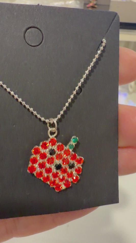 Silver Pumpkin Rhinestone Necklace – Adjustable 16–18" Pendant | Halloween Collection