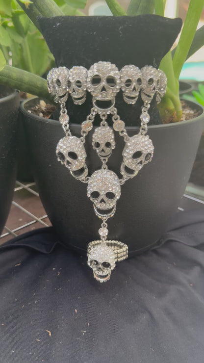 Rhinestone Skull Hand Jewelry – Statement Bracelet & Ring Combo