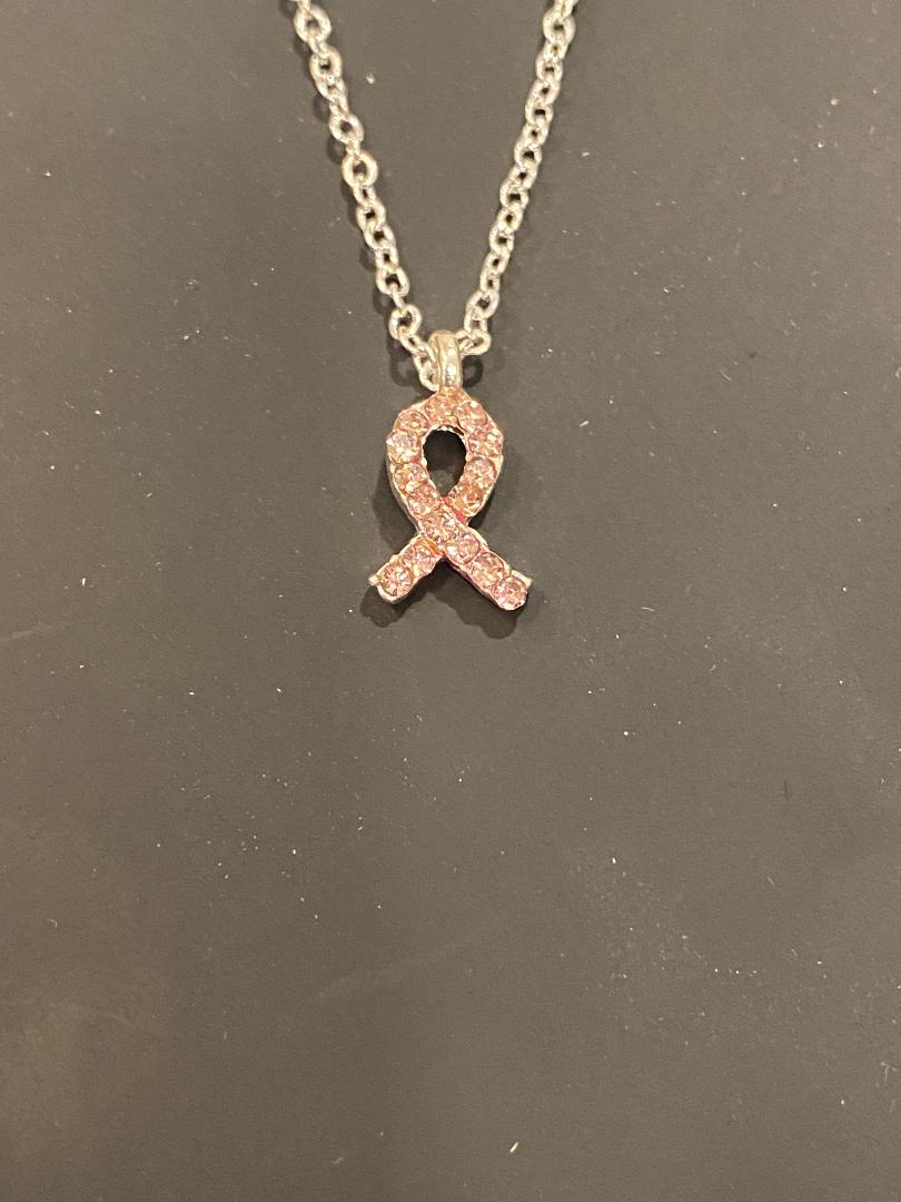 Delicate 8" Breast Cancer Awareness Pink Crystal Awareness Ribbon Necklace - Ruff Life Rescue Wear